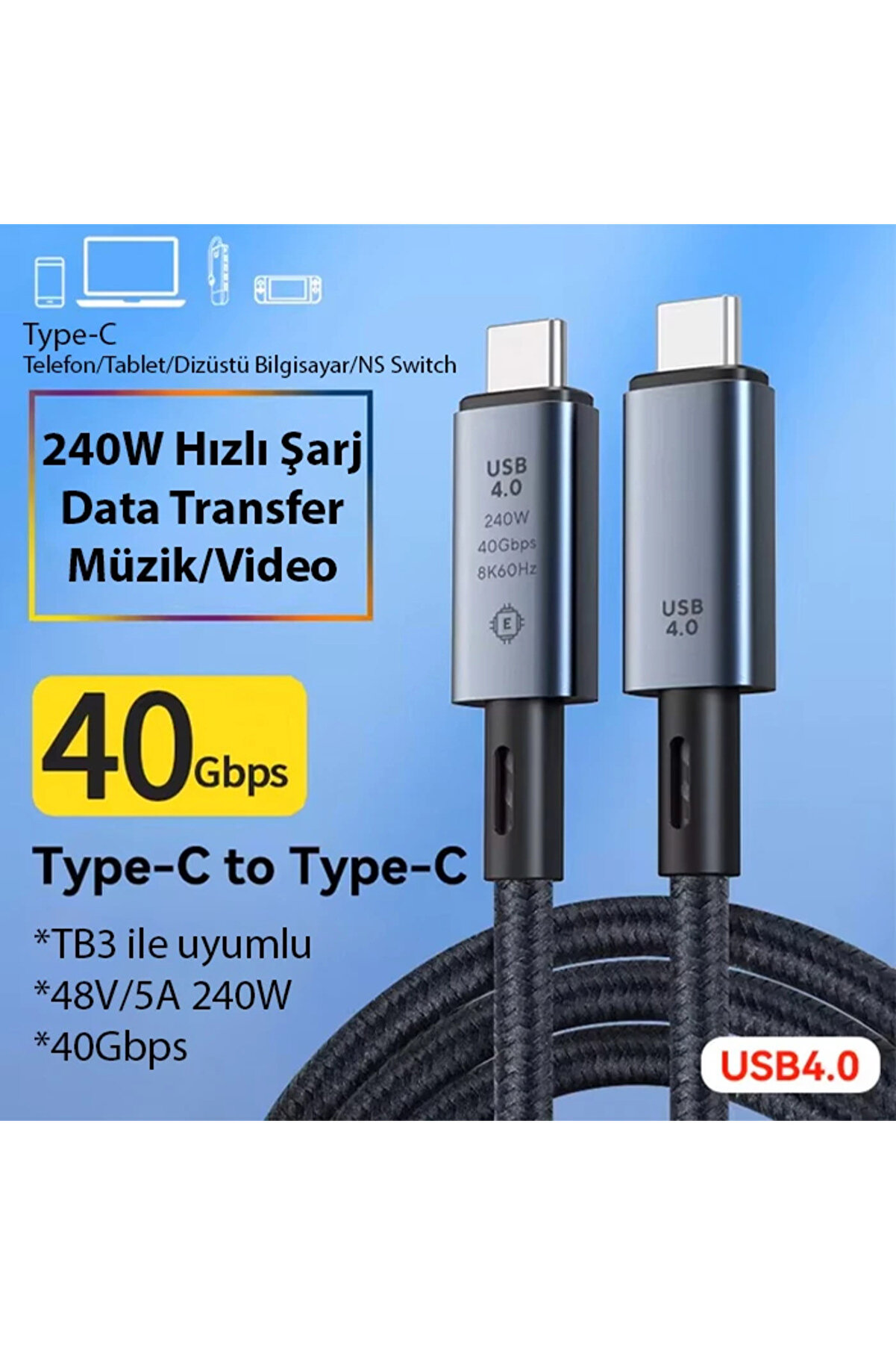 Ally 40Gbps 240W Type-C 8K Görüntü Ve Hızlı Data Şarj Kablosu-(5775) - Gms9169-8086