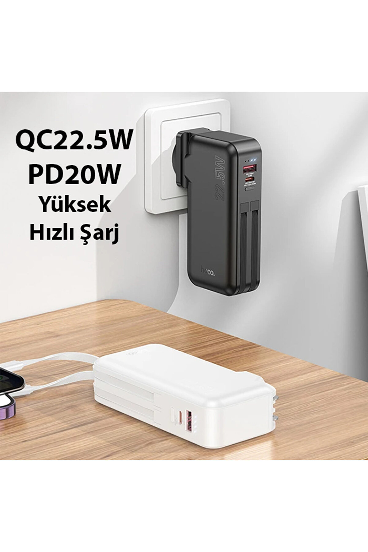 Hoco J126 Usb-A+Type-C Çıkışlı Type-C+Li̇ghtni̇ng Kablolu 10000Mah Powerbank - Dropx4577-8993