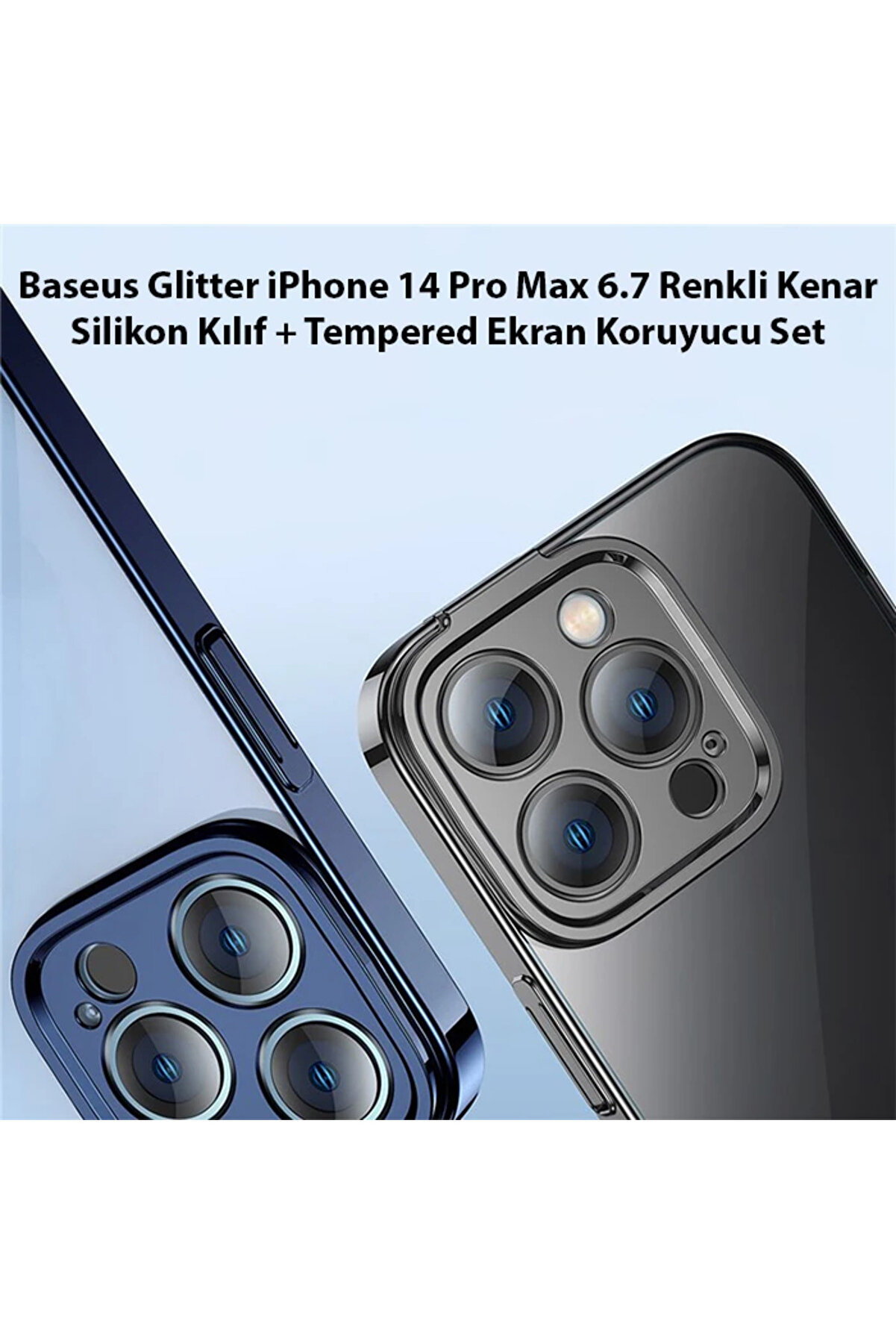 Gli̇tter İphone 14 Pro Max 6.7 Renkli̇ Kenar Si̇li̇kon Kılıf + Tempered Ekran Koruyucu - Gms7421-7312