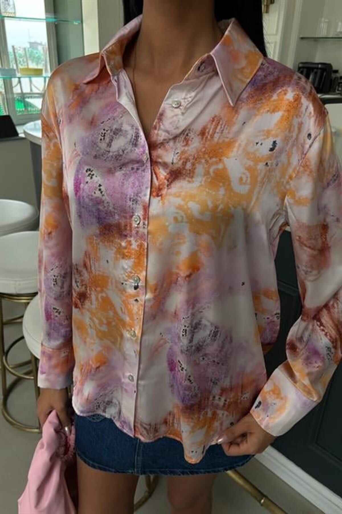 Bati̇k Desenli̇ Saten Gömlek 3409