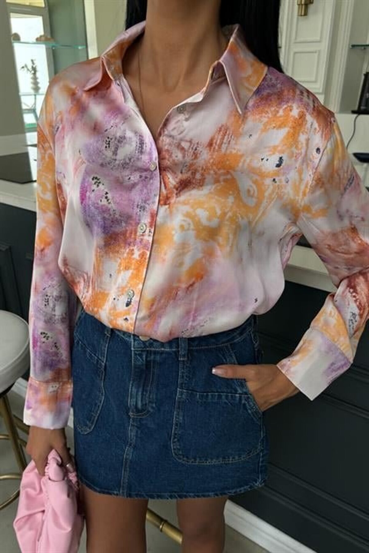 Bati̇k Desenli̇ Saten Gömlek 3409