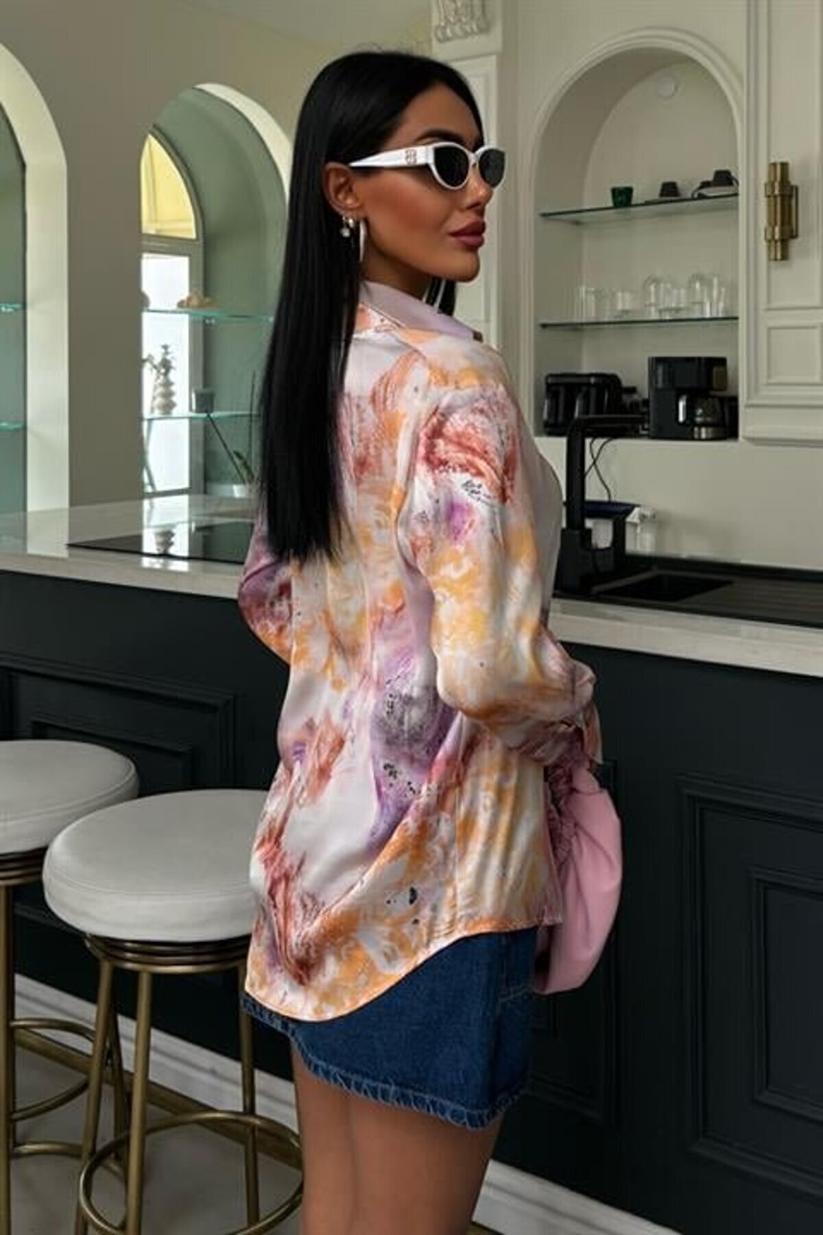 Bati̇k Desenli̇ Saten Gömlek 3409