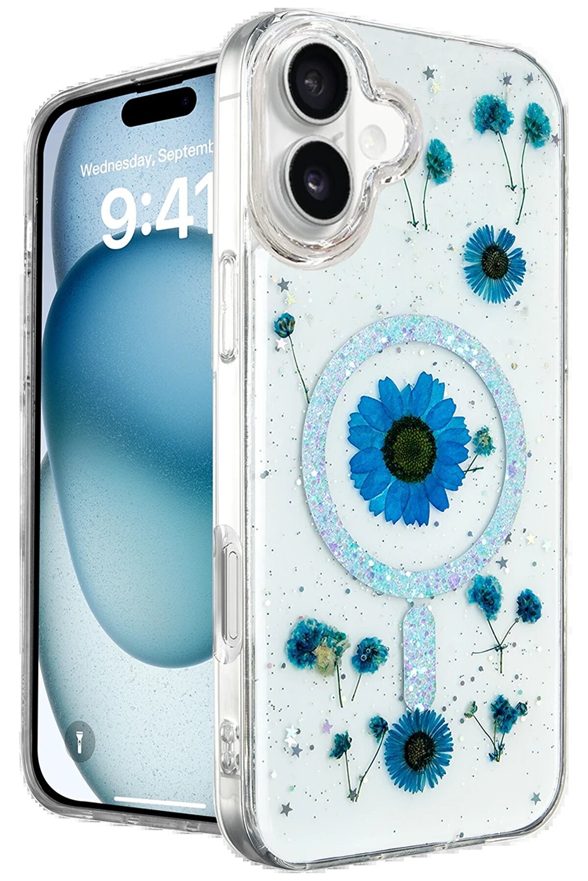 Toptan Bulurum iPhone 16 Kılıf Daisy Simli Magsafe Kapak - Mavi