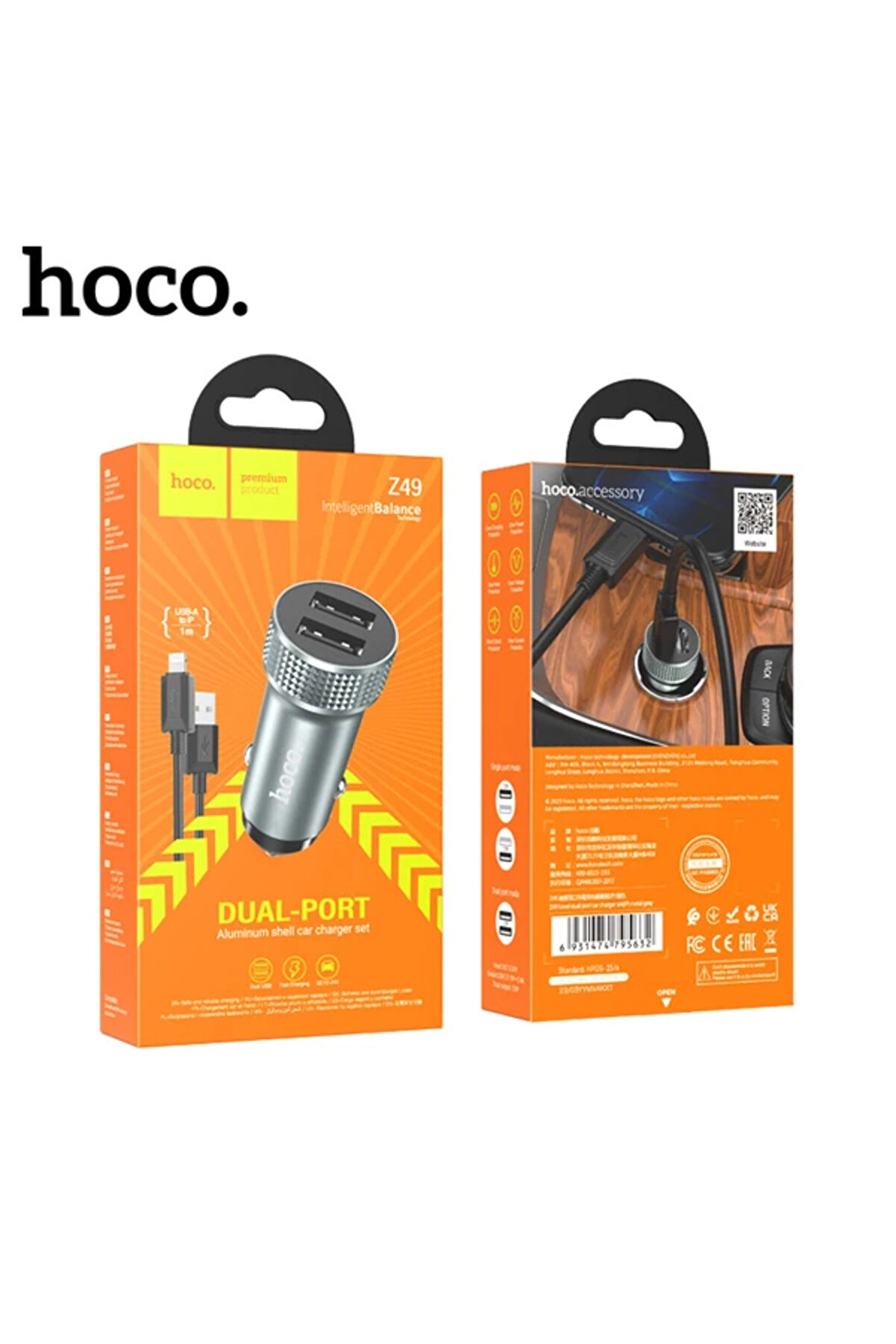 Hoco Z49 Çi̇ft Usb Gi̇ri̇şli̇ Araç Şarj Başlık + Usb To İphone Li̇ghtni̇ng Kablo-(57 - Gms6009-1388