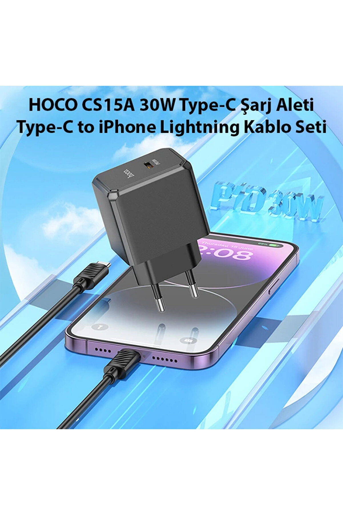 Hoco Cs15A 30W Type-C Şarj Aleti̇ + Type-C To İphone Li̇ghtni̇ng Kablo Seti̇-(1903) Uyumludropx9491-9179