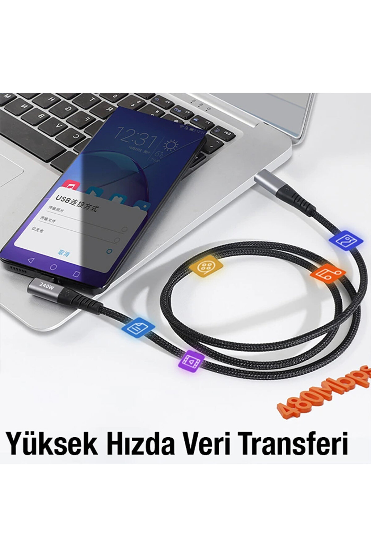 Ally 240W Type-C To Type-C Yatay Laptop-Telefon Hızlı Data Ve Şarj Kablosu-(1 - Dropx2170-3856
