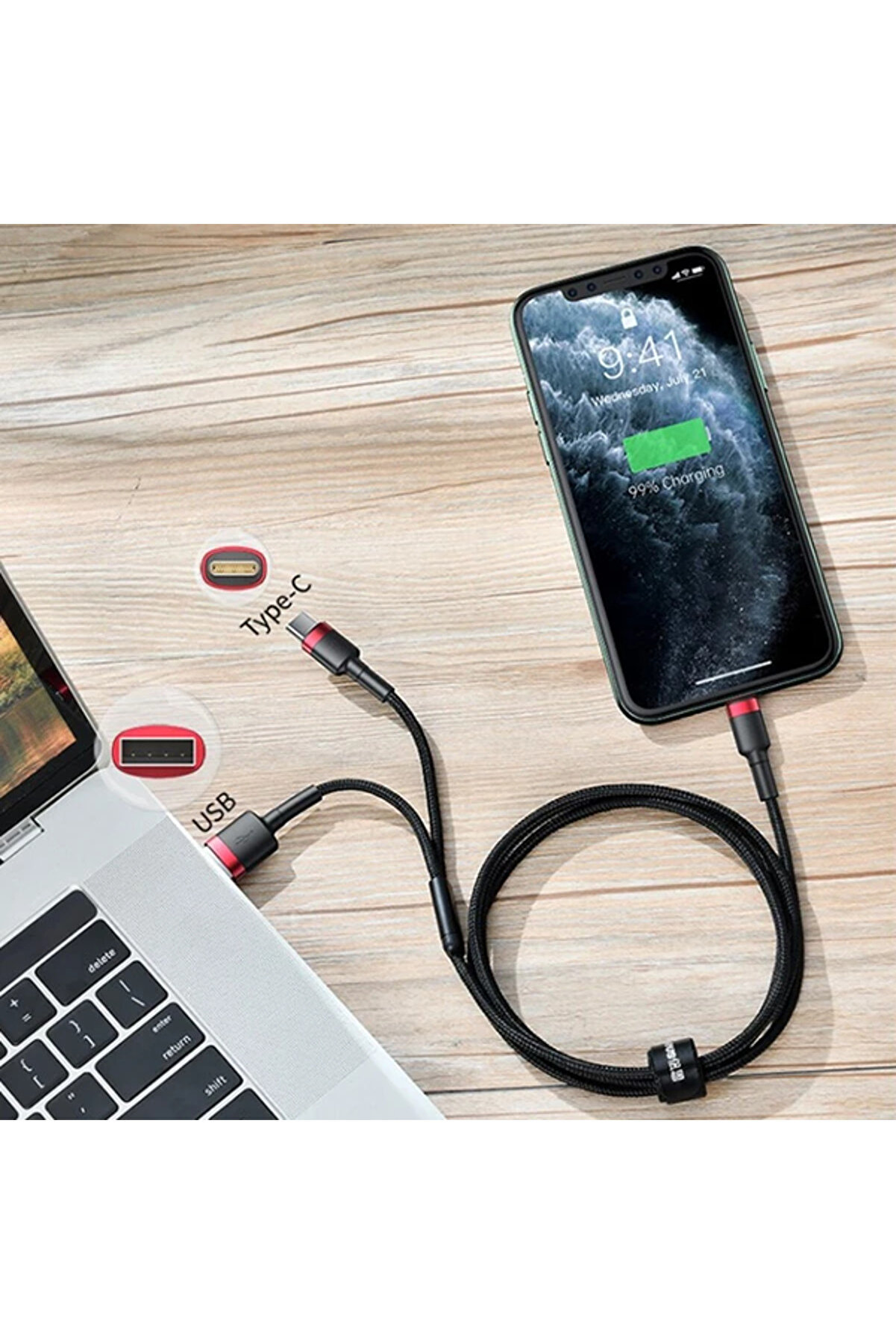 Cafule 2İn1 Type C Pdhızlı Şarj+İphone Hızlı Usb Şarj Kablosu-(1903) - Dropx4237-3543