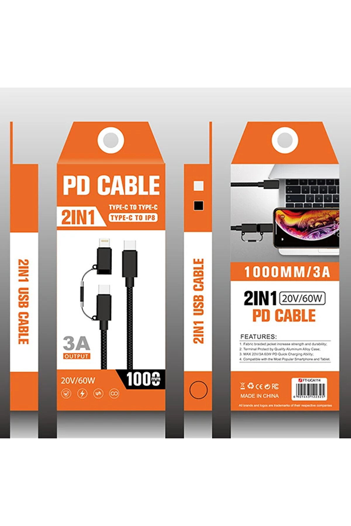 Ally 2İn1 Usb Type C 60W Hızlı Şarj Pd Kablosu+İphone Başlık Usb Kablo-(5775) - Tgz8834-7395