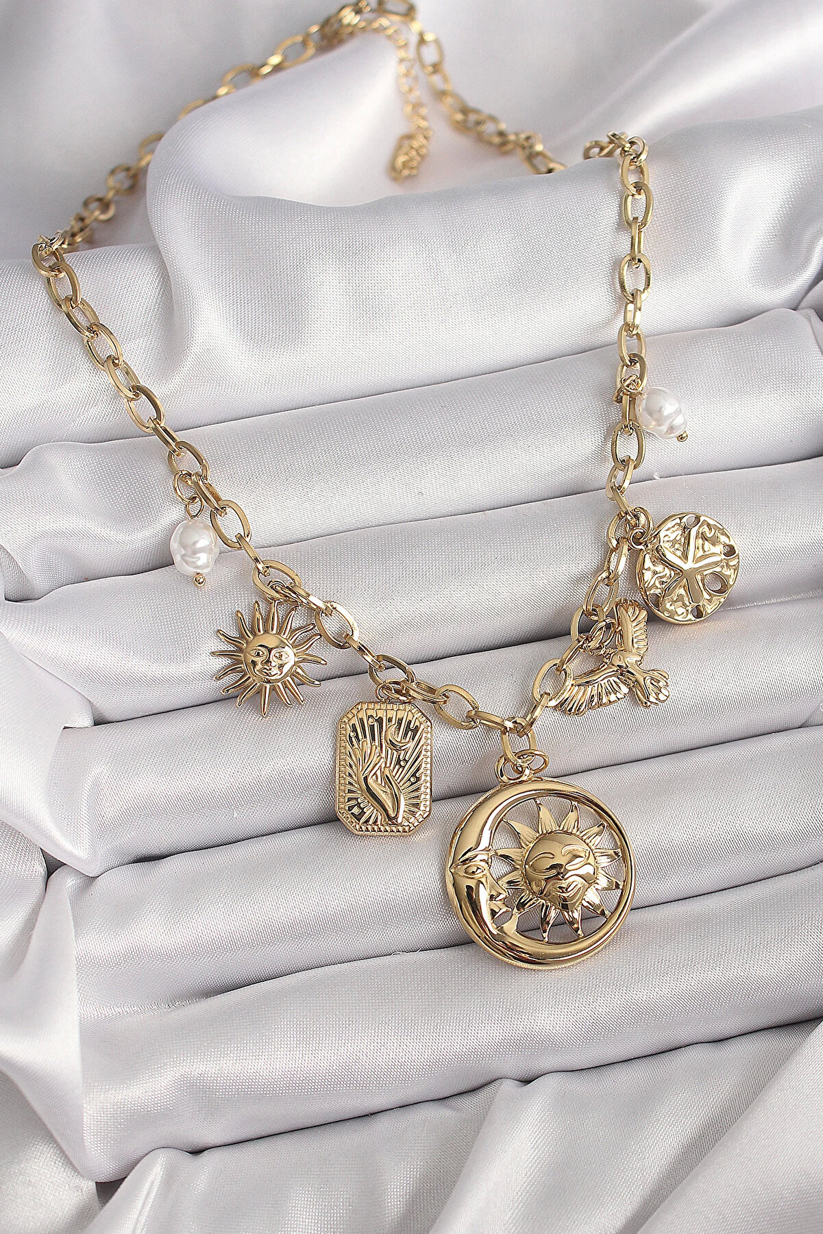 Teti̇kteknoloji̇ Bfs 316L &Ccedil;eli̇k Gold Renk Halka Zi̇nci̇r Sallantı Ay G&uuml;neş Fi̇g&uuml;r Kuş Detay Kadın Kolye