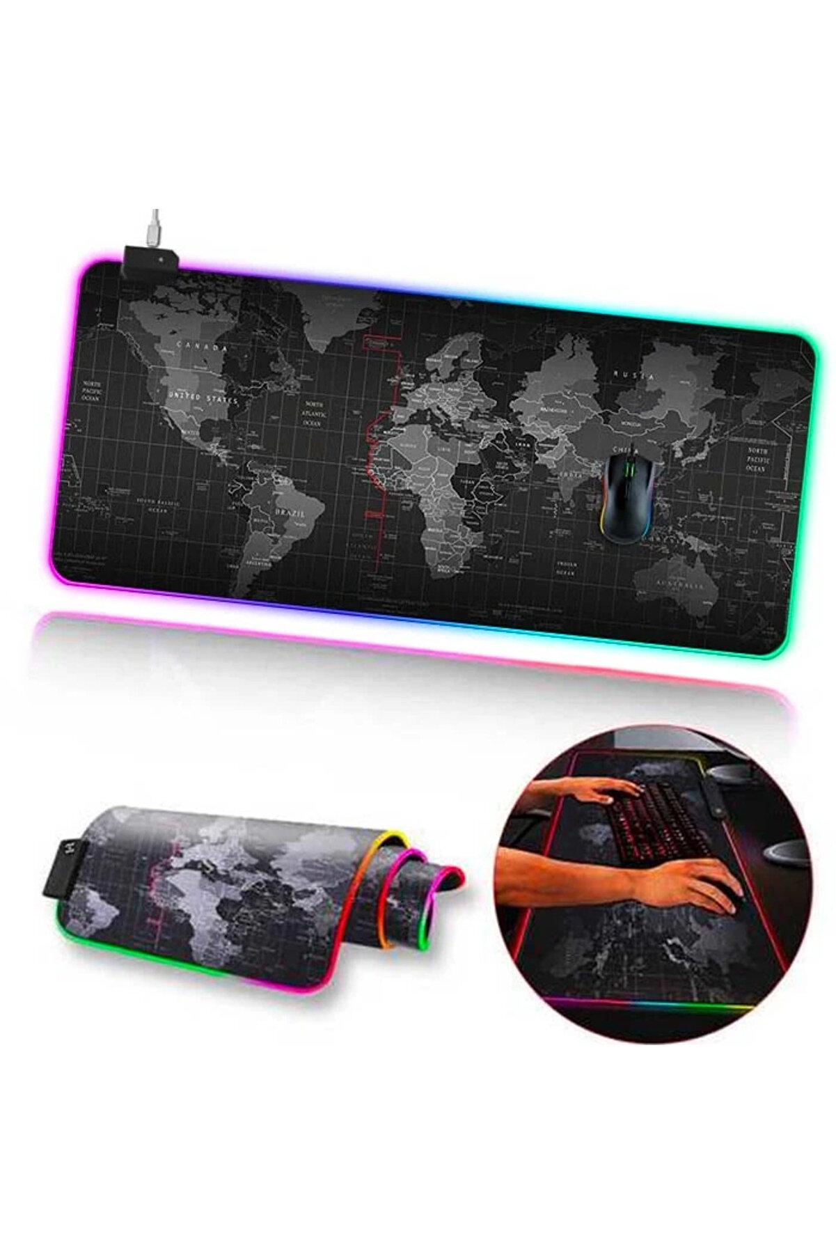 ShopB ALLY Dünya Desenli RGB Led Işıklı Oyuncu Mouse Pad 300*800*4MM-(5775) - HT2655-3986