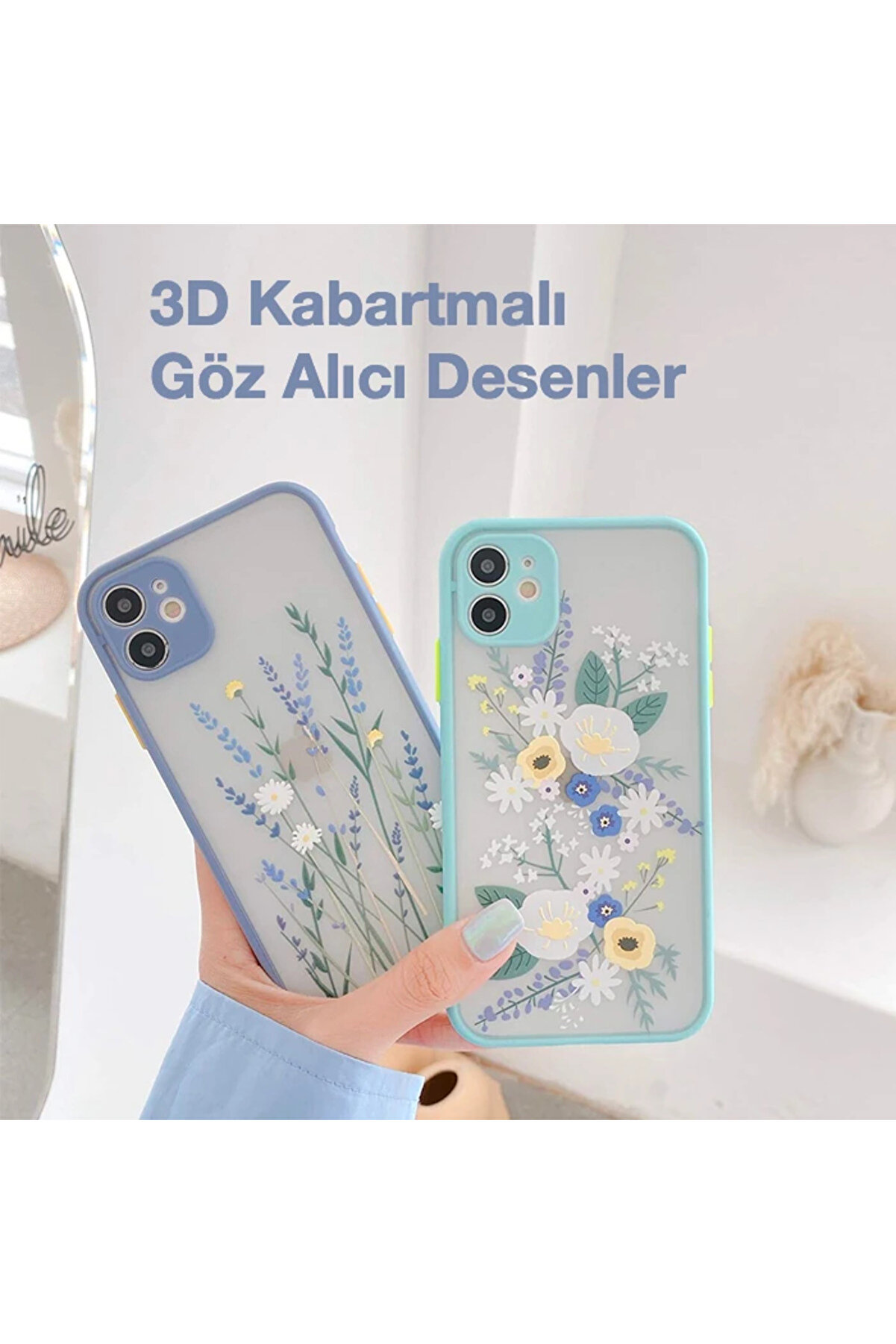 İphone 12 6.1İnç Kamera Korumalı Çi̇çek Desenli̇ Si̇li̇kon Kılıf-(5775) - Gms7053-5054