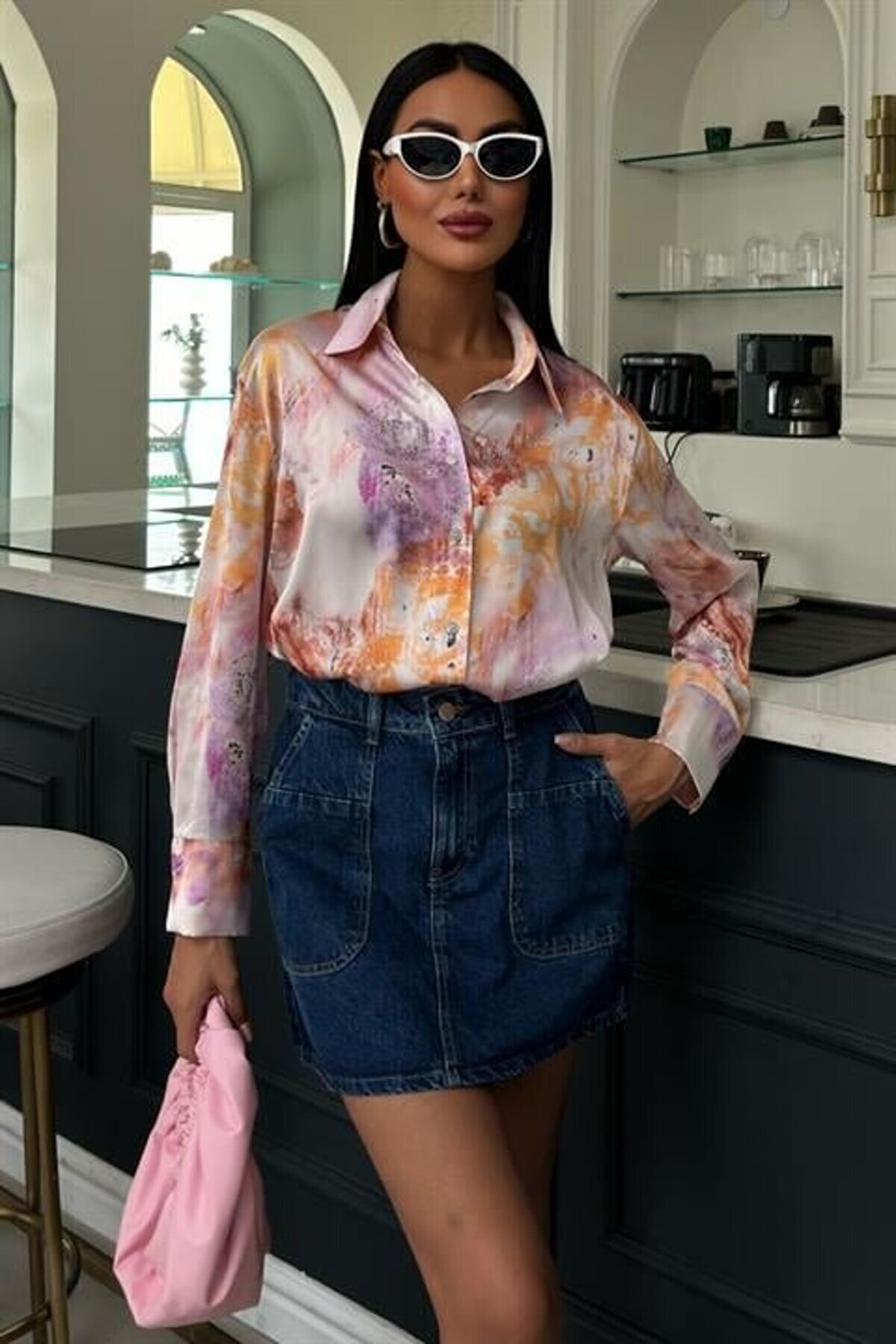 Bati̇k Desenli̇ Saten Gömlek 3409