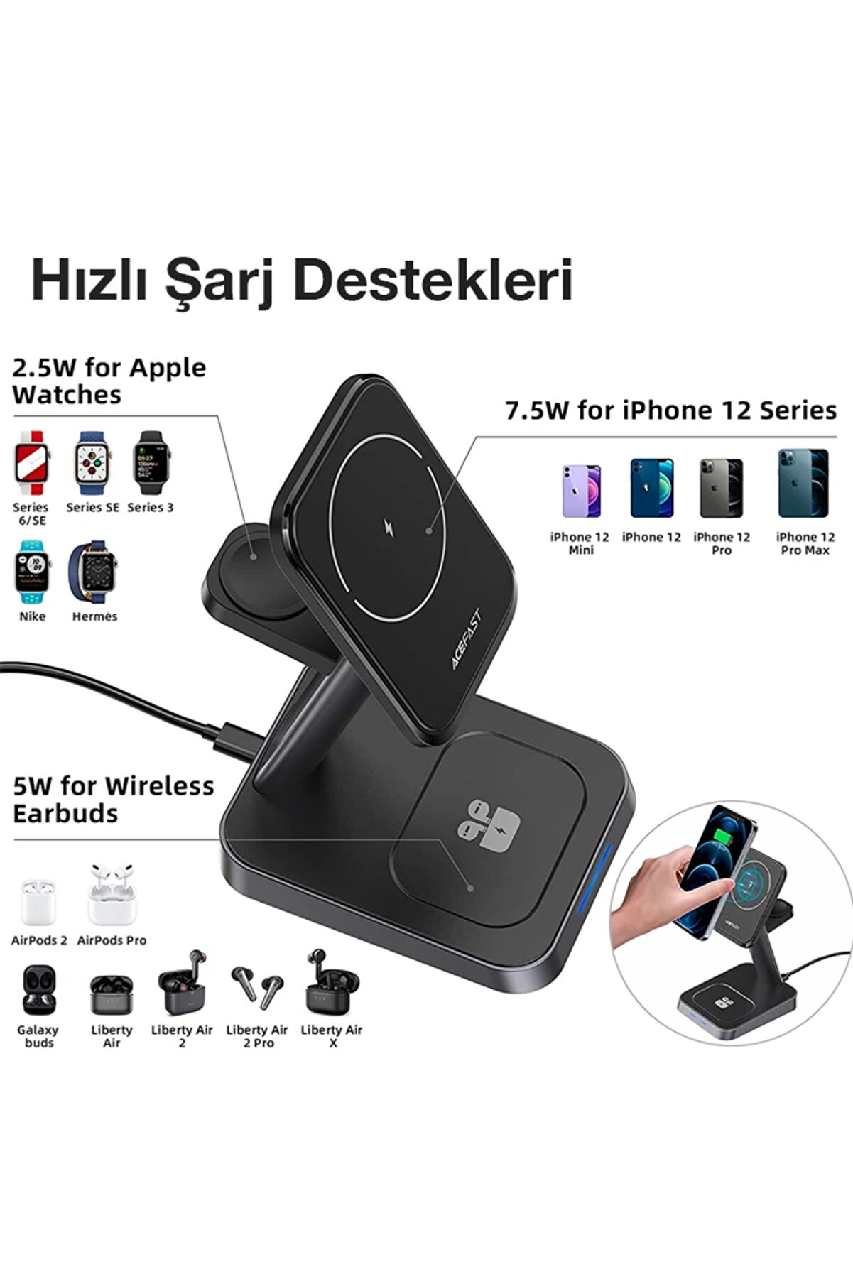 W68 15W 3İn1 Manyeti̇k Ve Katlanabi̇li̇r Portati̇f Masaüstü Kablosuz Şarj St - Dropx9716-7485