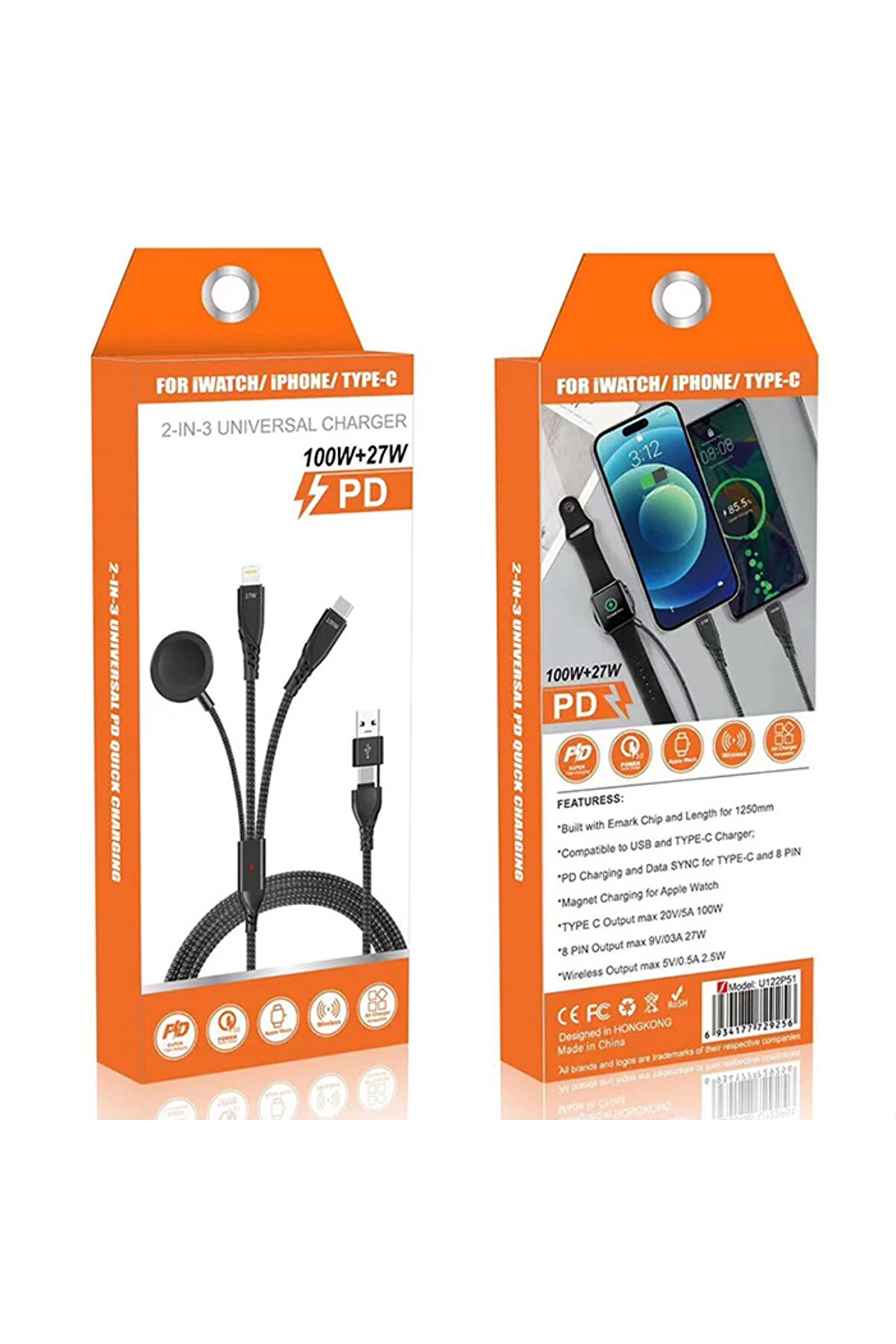 Ally 2X Type-C 100W-27W + Apple Watch İçi̇n Type-C Şarj Kablosu-(1903) - Dropx8395-6100