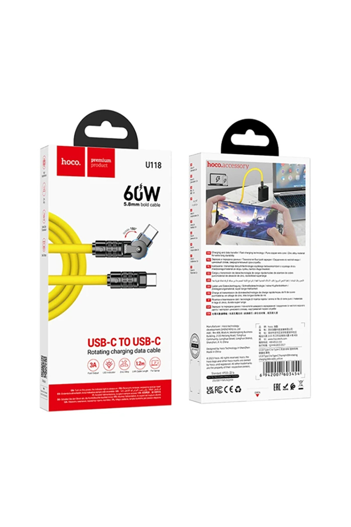 Hoco U118 Döner Başlıklı Type-C To Type-C 60W Hızlı Şarj Ve Veri̇ Kablosu-(577 - Gms5468-5644