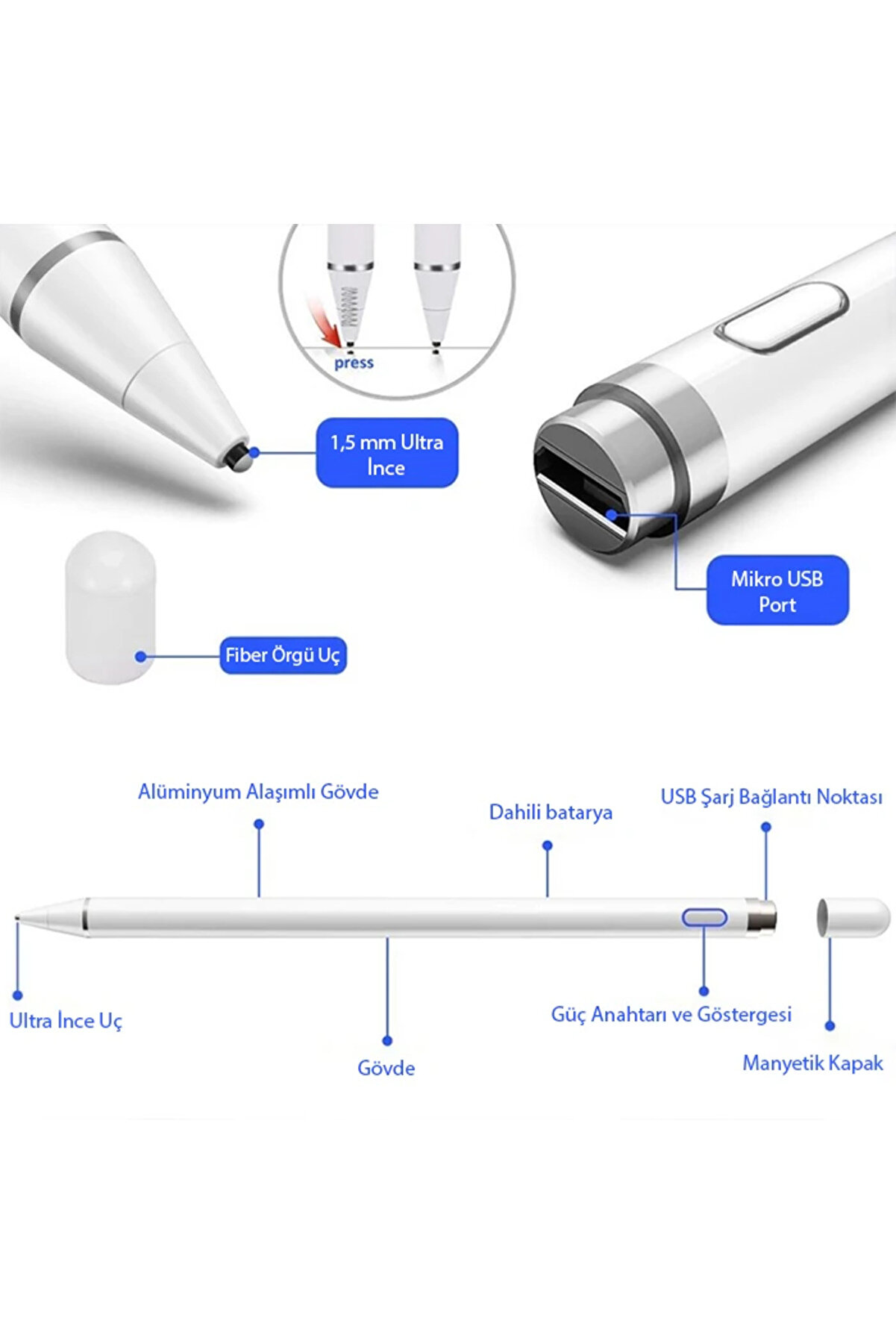 Ally K-2262 Uni̇versal Androi̇d-İos Kapasi̇ti̇f İpad Tablet Dokunmati̇k Stylus Kalem-(57 - Gms6588-6726