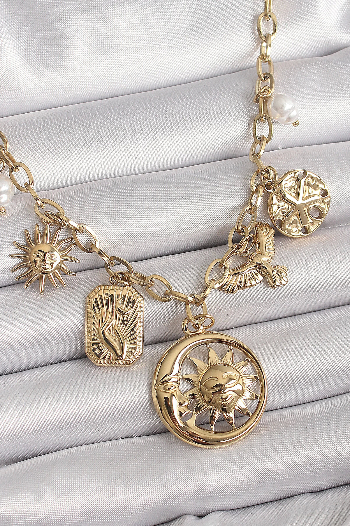 Teti̇kteknoloji̇ Bfs 316L &Ccedil;eli̇k Gold Renk Halka Zi̇nci̇r Sallantı Ay G&uuml;neş Fi̇g&uuml;r Kuş Detay Kadın Kolye