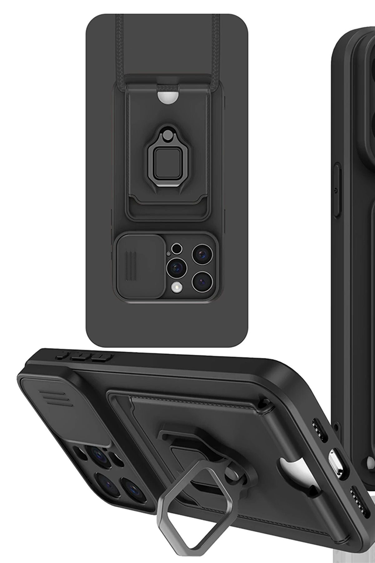 CepteToptan iPhone 15 Pro Kılıf Zuma Kartvizitli Yüzüklü Silikon - Siyah - DROPX4279-2875