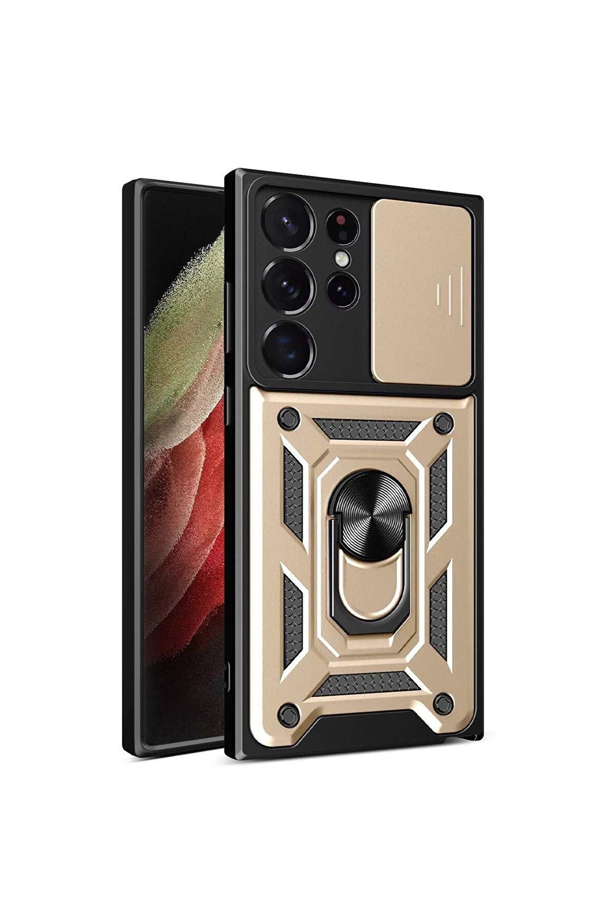 CepteToptan Samsung Galaxy S23 Ultra Kılıf Pars Lens Yüzüklü Silikon - Gold - DROPX7394-4646