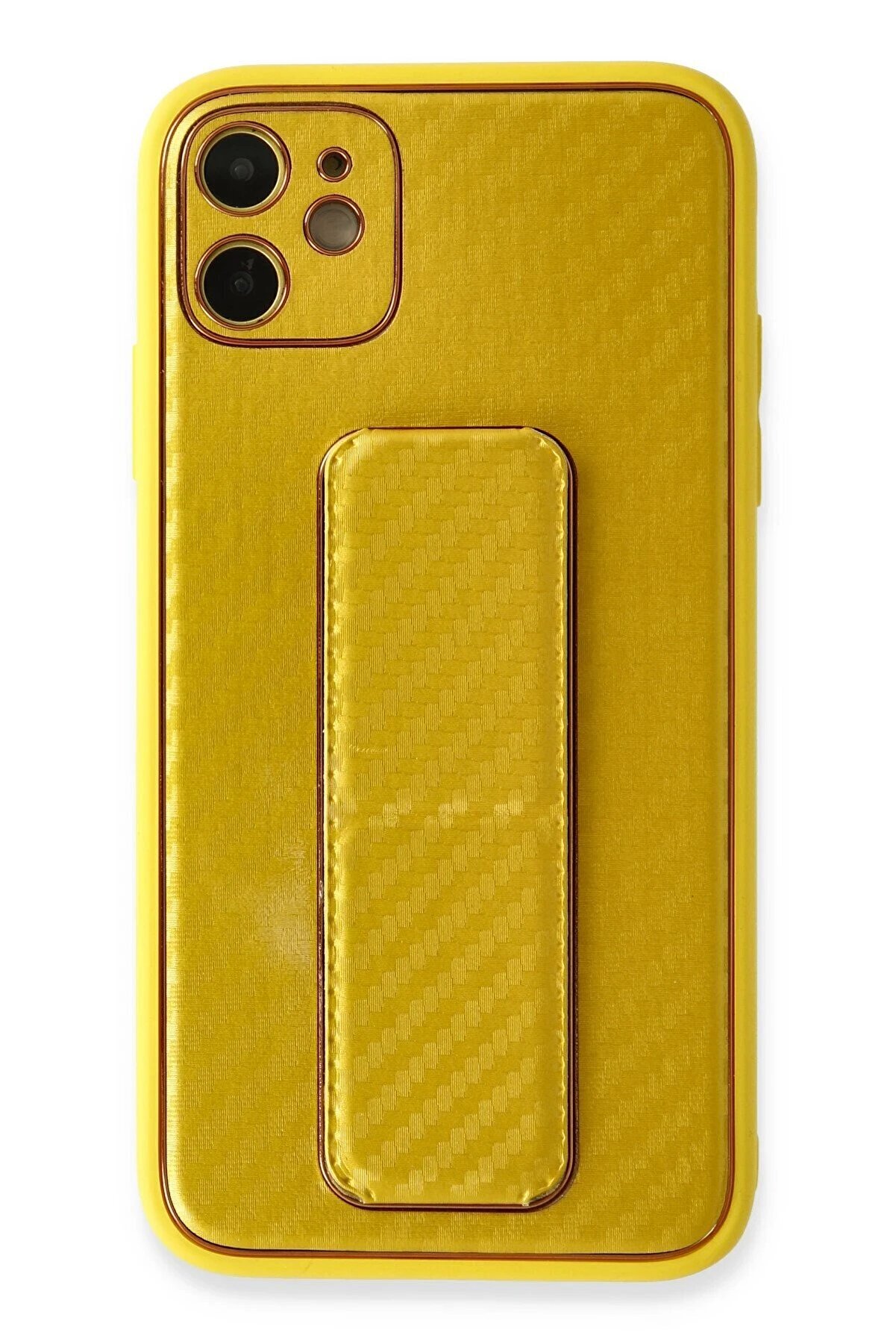CepteToptan iPhone 12 Kılıf Coco Karbon Standlı Kapak - Sarı - DROPX7040-7406