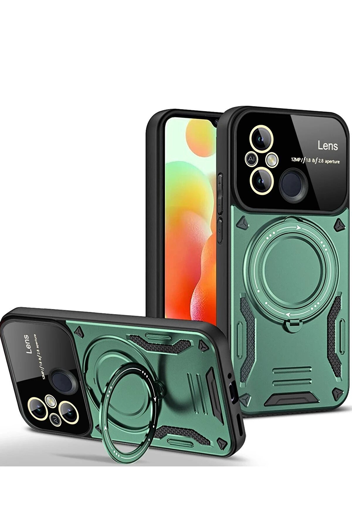 CepteToptan Xiaomi Redmi 12C Kılıf Joy Lens Standlı Kapak - Koyu Yeşil - DROPX4004-3550