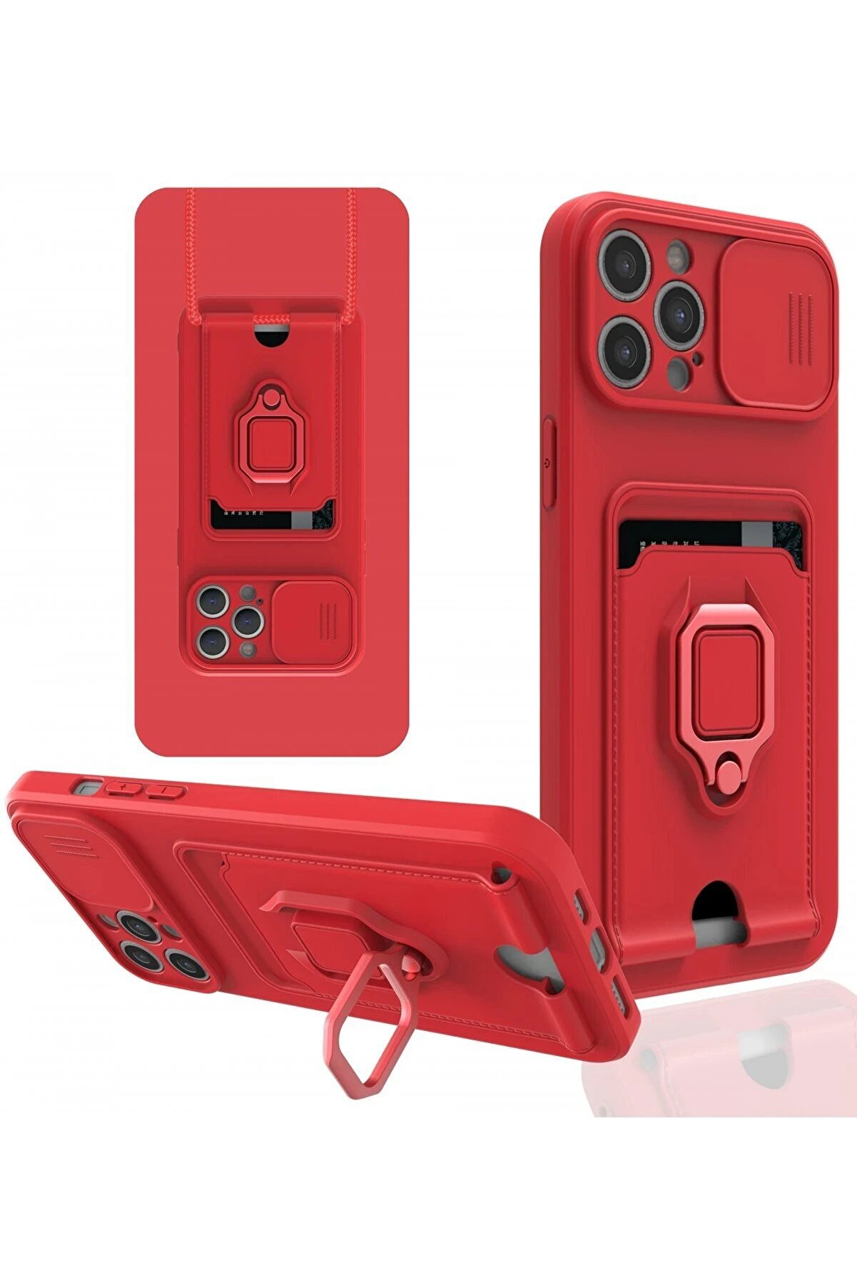 CepteToptan iPhone 12 Pro Kılıf Zuma Kartvizitli Yüzüklü Silikon - Kırmızı - DROPX1043-3792