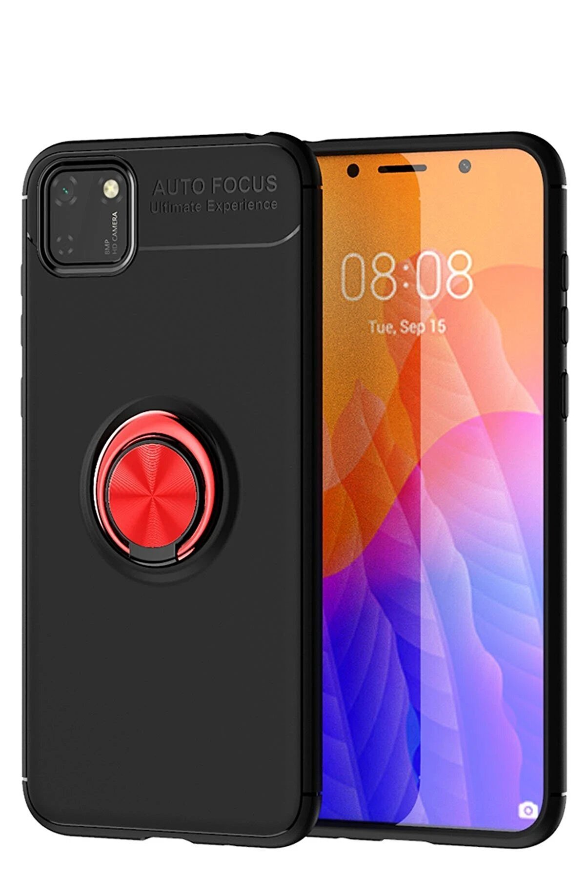 CepteToptan Huawei Y5P Kılıf Range Yüzüklü Silikon - Siyah-Kırmızı - DROPX9812-6634