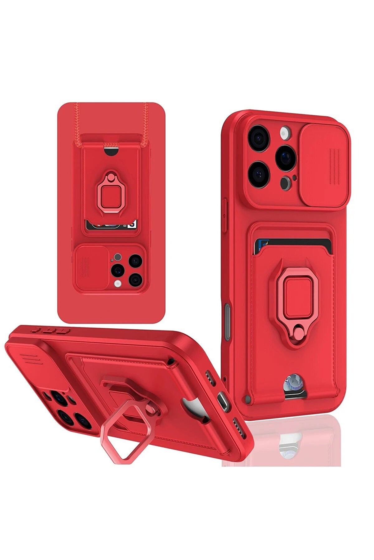 CepteToptan iPhone 16 Pro Kılıf Zuma Kartvizitli Yüzüklü Silikon - Kırmızı - DROPX7811-8823