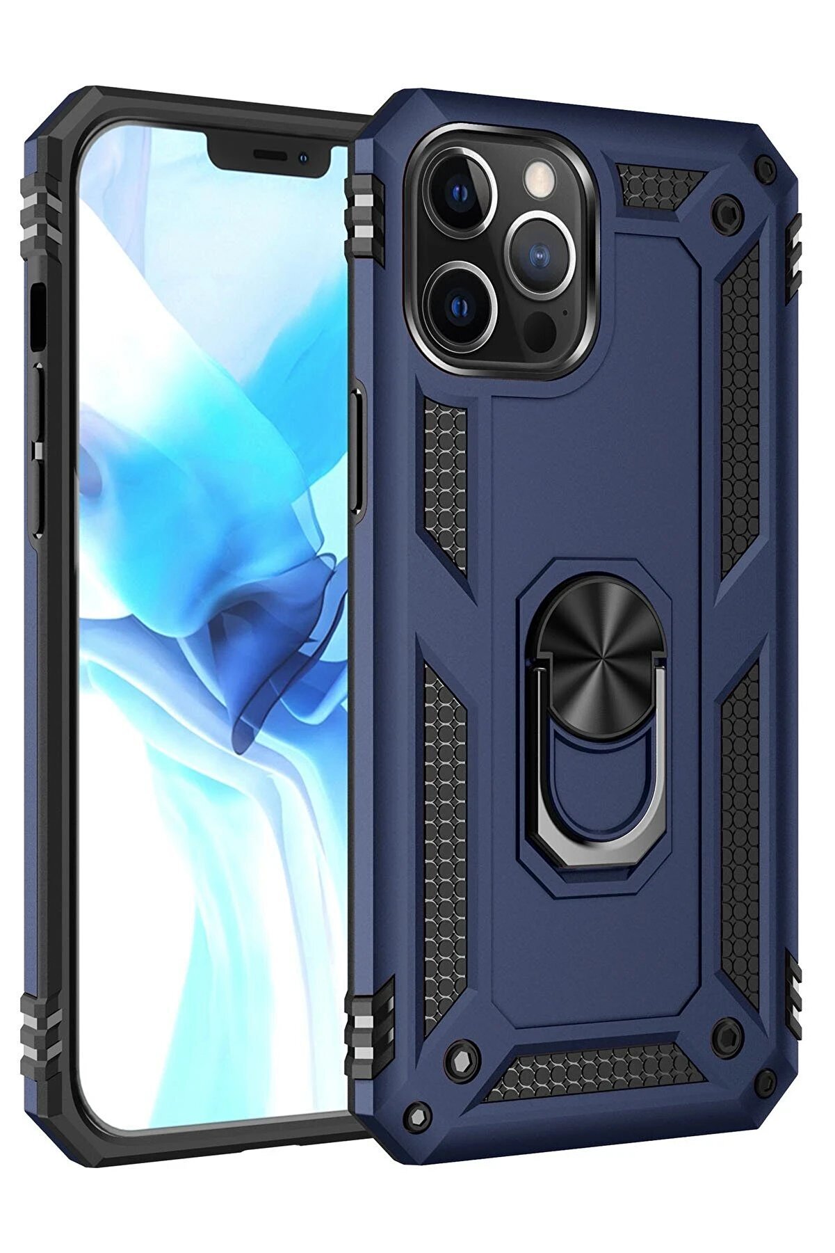 CepteToptan iPhone 12 Pro Max Kılıf Sofya Yüzüklü Silikon Kapak - Lacivert - DROPX3496-8105