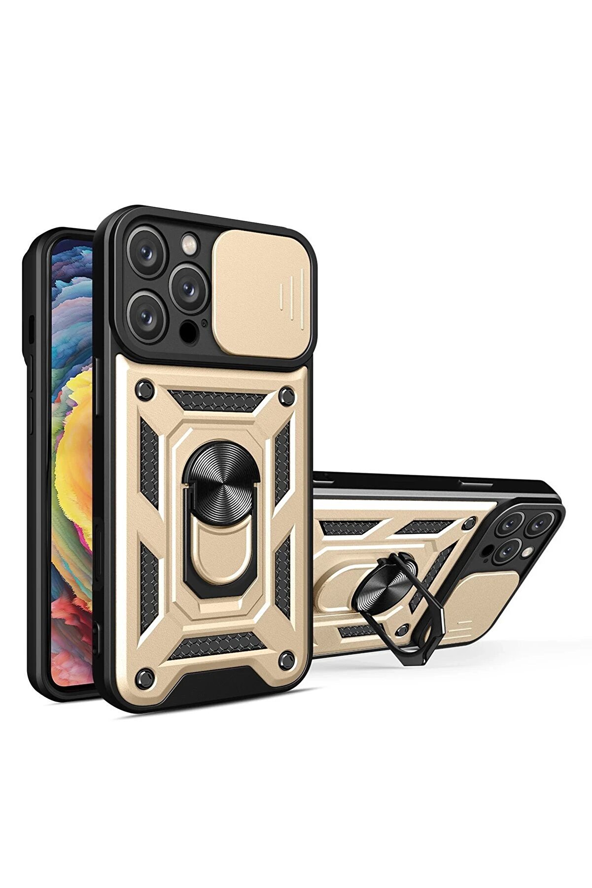 CepteToptan iPhone 16 Pro Kılıf Pars Lens Yüzüklü Silikon - Gold - DROPX7610-5398