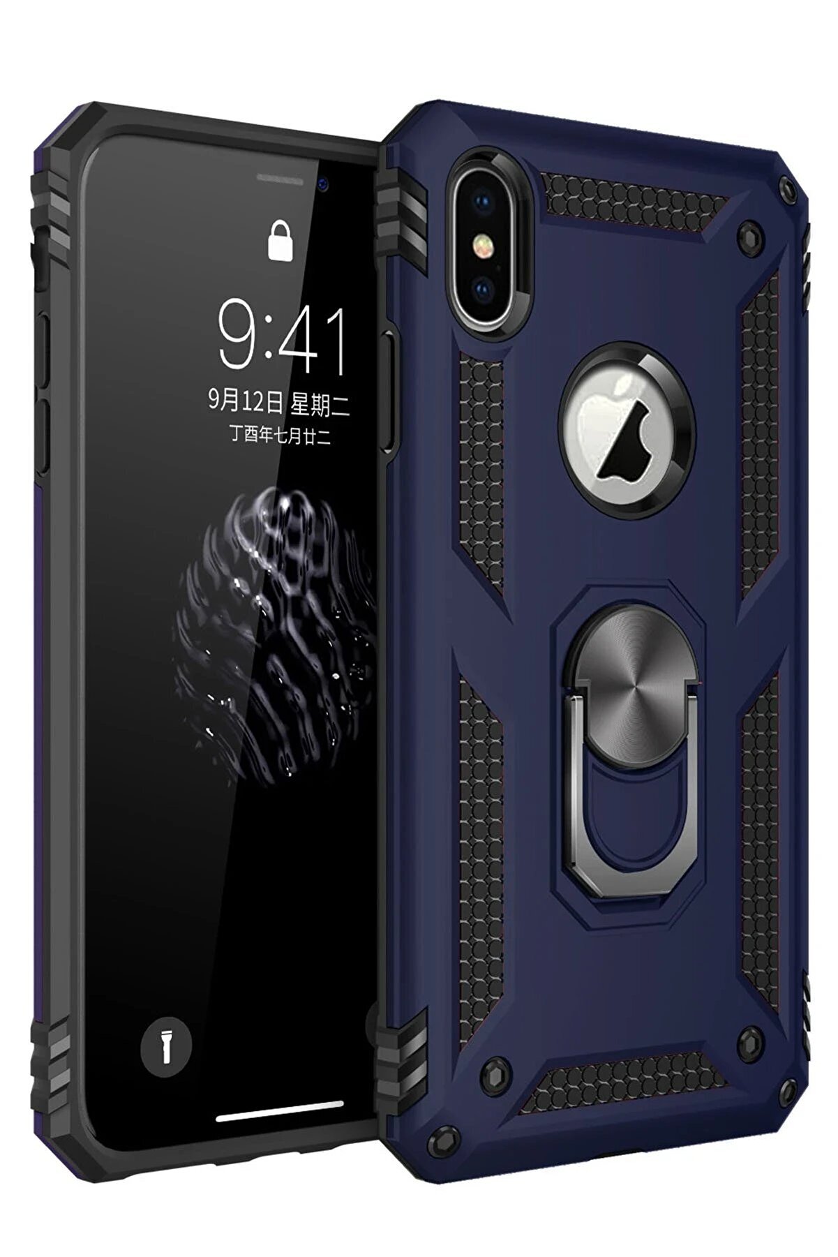 CepteToptan iPhone XS Max Kılıf Sofya Yüzüklü Silikon Kapak - Lacivert - DROPX8259-3692