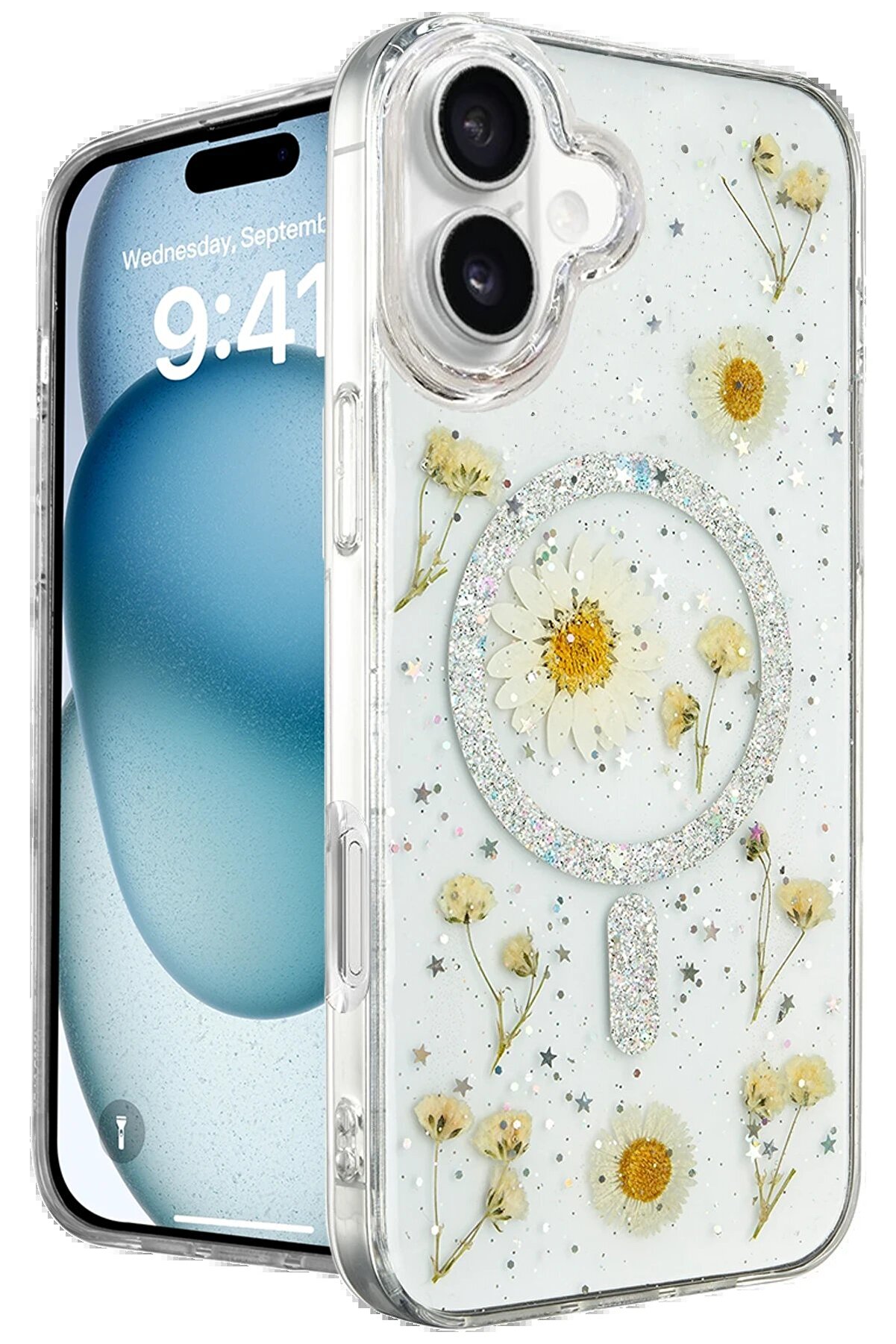 CepteToptan iPhone 16 Kılıf Daisy Simli Magsafe Kapak - G&uuml;m&uuml;ş - DROPX6581-1842