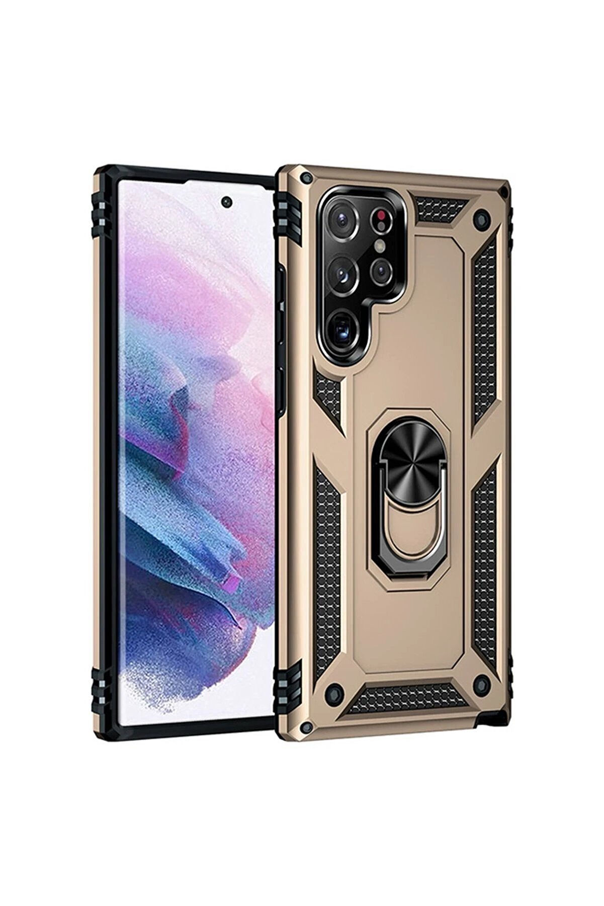 CepteToptan Samsung Galaxy S21 Ultra Kılıf Sofya Yüzüklü Silikon Kapak - Gold - DROPX8674-2847