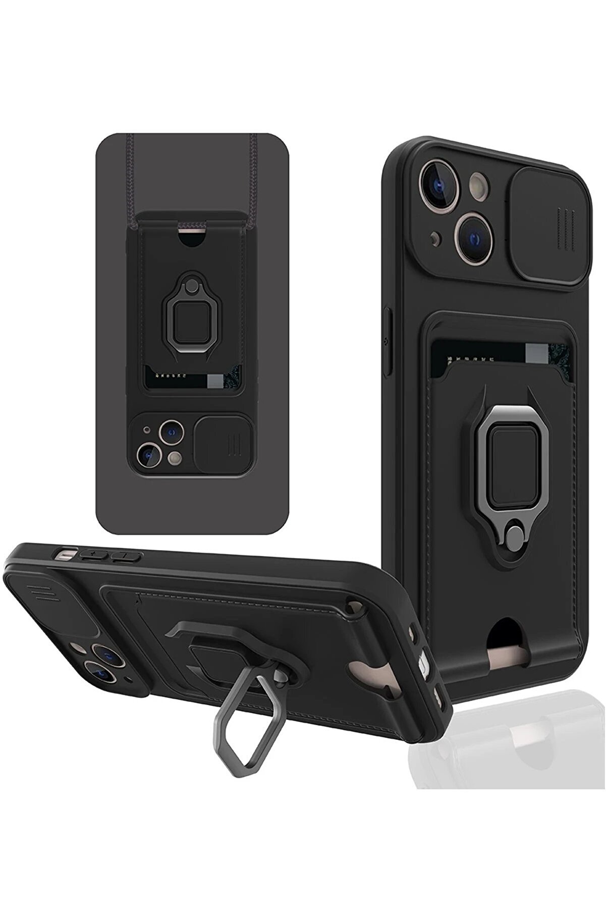 CepteToptan iPhone 14 Plus Kılıf Zuma Kartvizitli Yüzüklü Silikon - Siyah - DROPX4983-4308