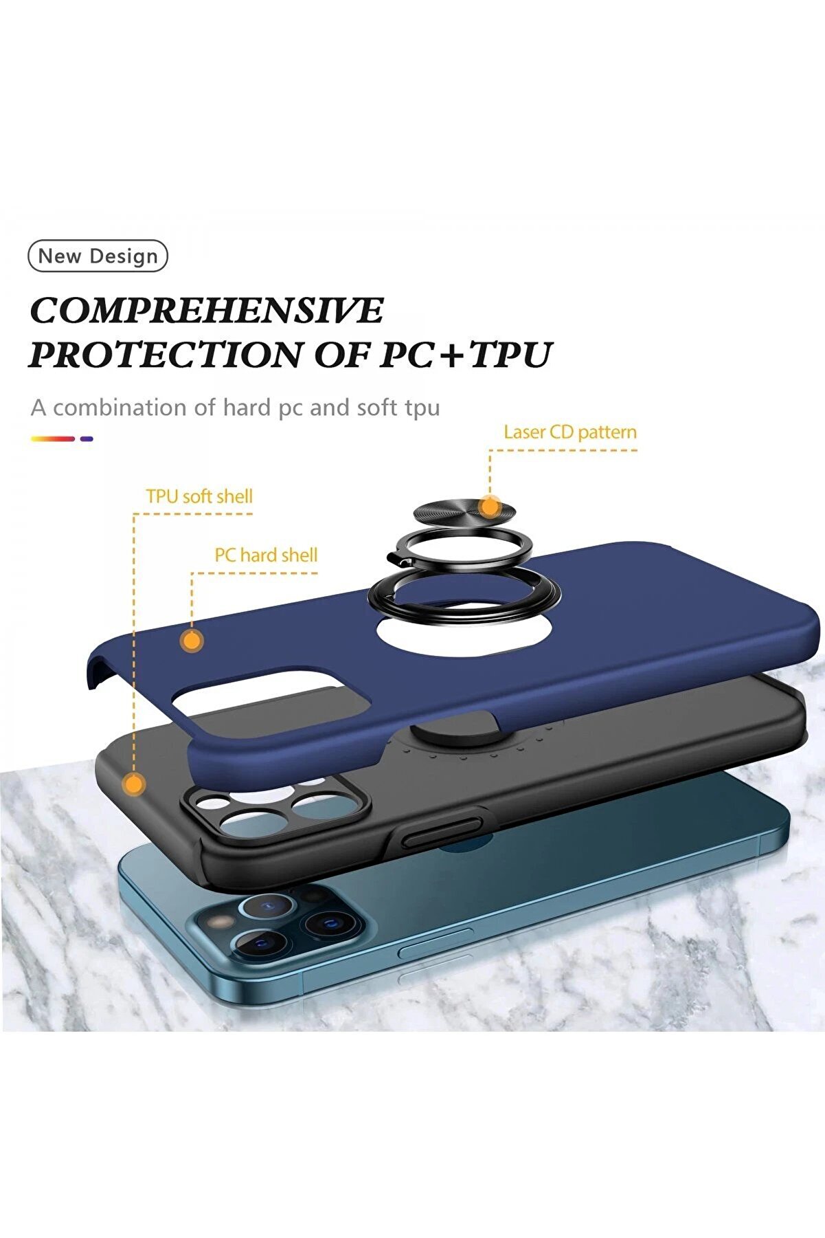 İphone 12 Pro Max Kılıf Eli̇t Yüzüklü Kapak - Laci̇vert - Dropx7776-2682