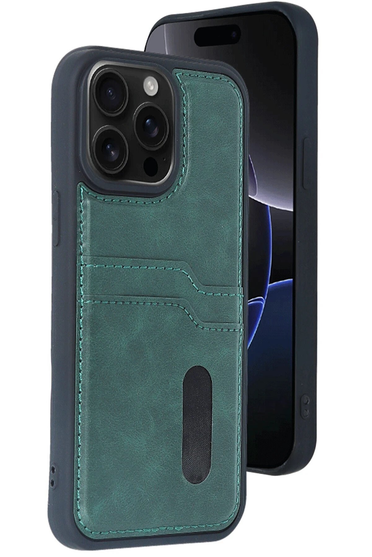 CepteToptan iPhone 15 Pro Max Kılıf Sara Kartvizitli Deri Kılıf - Koyu Yeşil - DROPX6870-8227