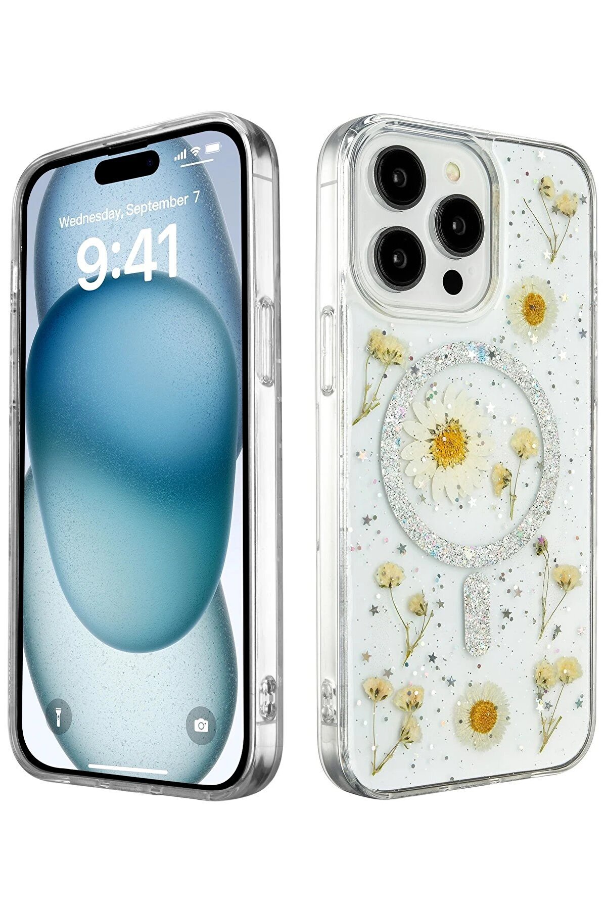 CepteToptan iPhone 14 Pro Kılıf Daisy Simli Magsafe Kapak - Gümüş - DROPX5908-7086