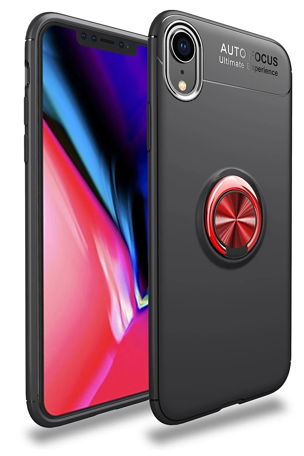 CepteToptan iPhone XR Kılıf Range Yüzüklü Silikon - Siyah-Kırmızı - DROPX4864-9694