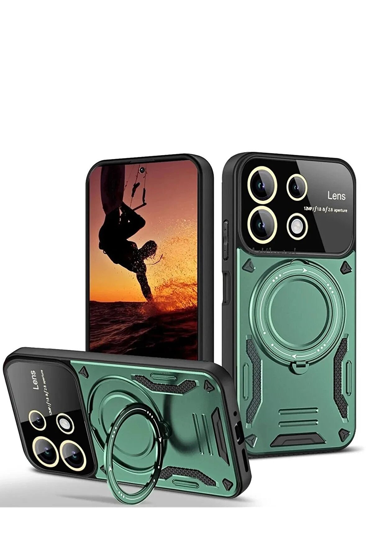 CepteToptan Xiaomi Redmi 13 4G Kılıf Joy Lens Standlı Kapak - Koyu Yeşil - DROPX4803-1955