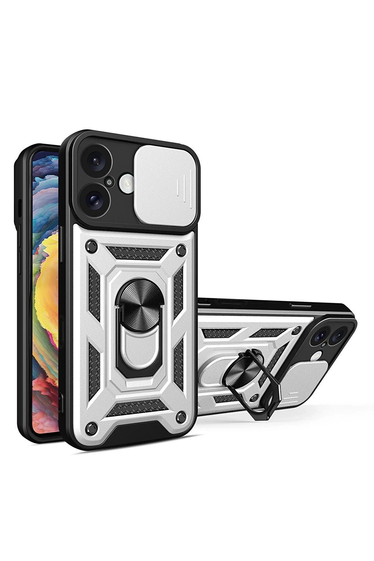 CepteToptan iPhone 16 Kılıf Pars Lens Yüzüklü Silikon - Gümüş - DROPX2481-3764