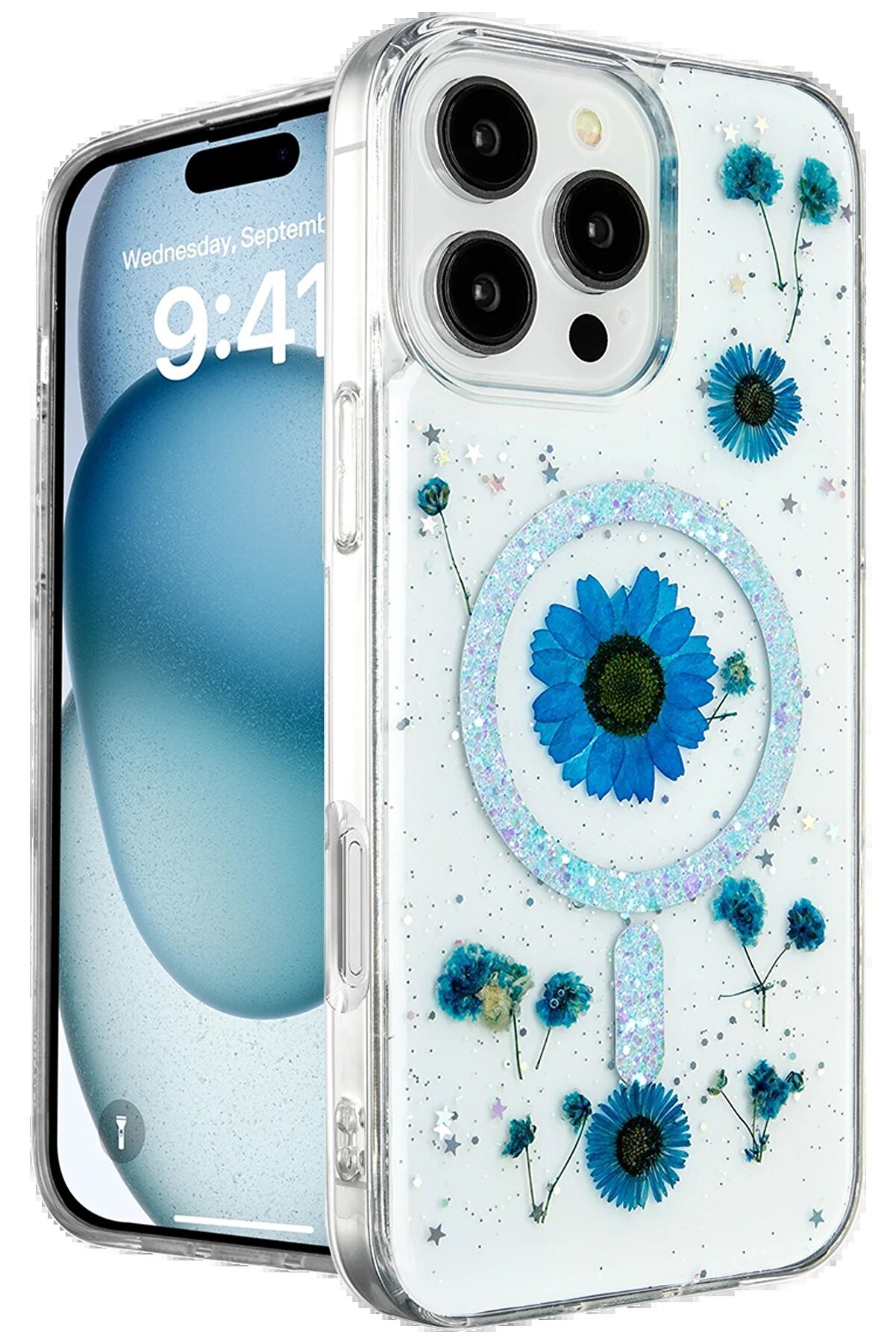 CepteToptan iPhone 16 Pro Kılıf Daisy Simli Magsafe Kapak - Mavi - DROPX4574-9203