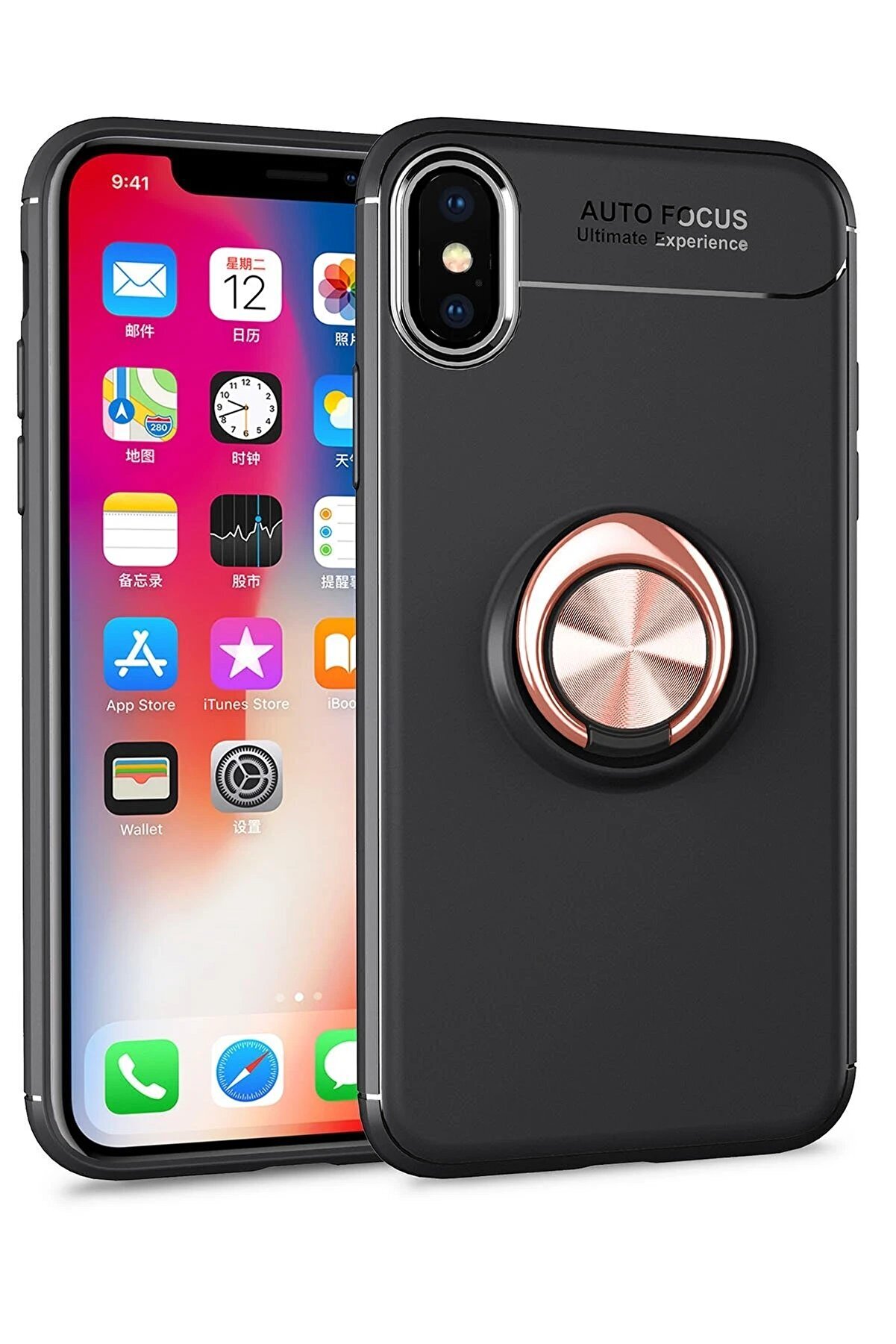 CepteToptan iPhone XS Kılıf Range Yüzüklü Silikon - Siyah-Gold - DROPX2214-3592