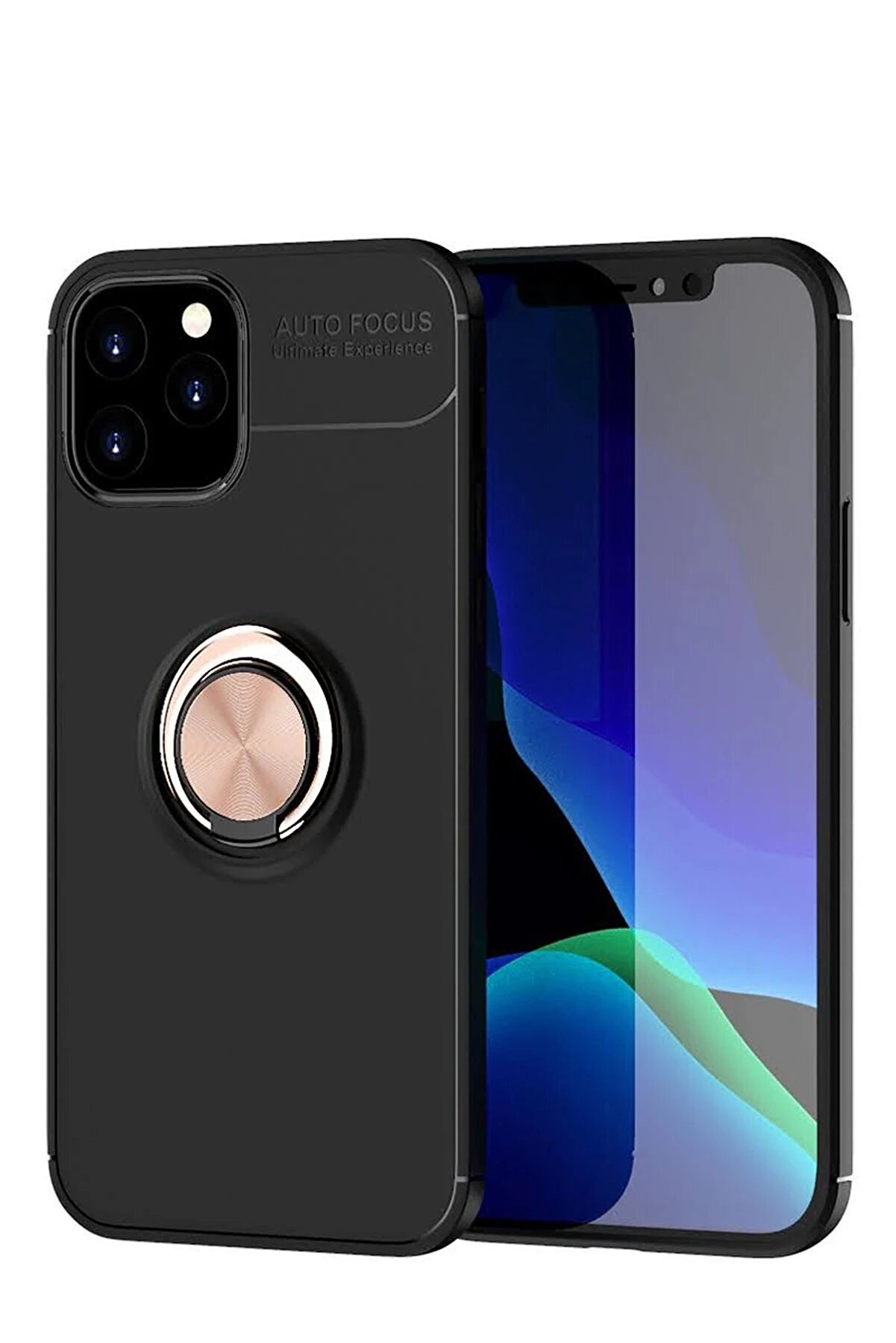 CepteToptan iPhone 12 Kılıf Range Yüzüklü Silikon - Siyah-Gold - DROPX3098-8315