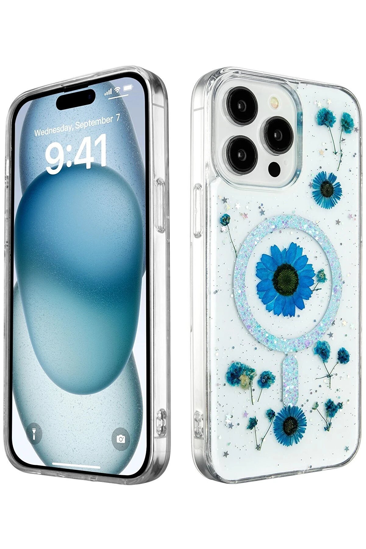 CepteToptan iPhone 15 Pro Max Kılıf Daisy Simli Magsafe Kapak - Mavi - DROPX3450-2064