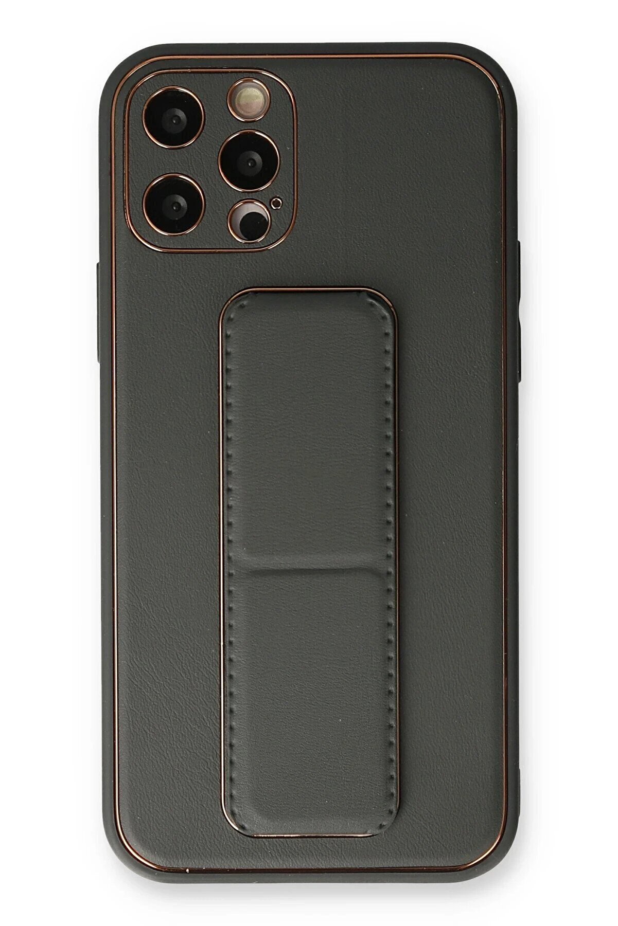 CepteToptan iPhone 12 Pro Kılıf Coco Deri Standlı Kapak - Füme - DROPX5385-1528