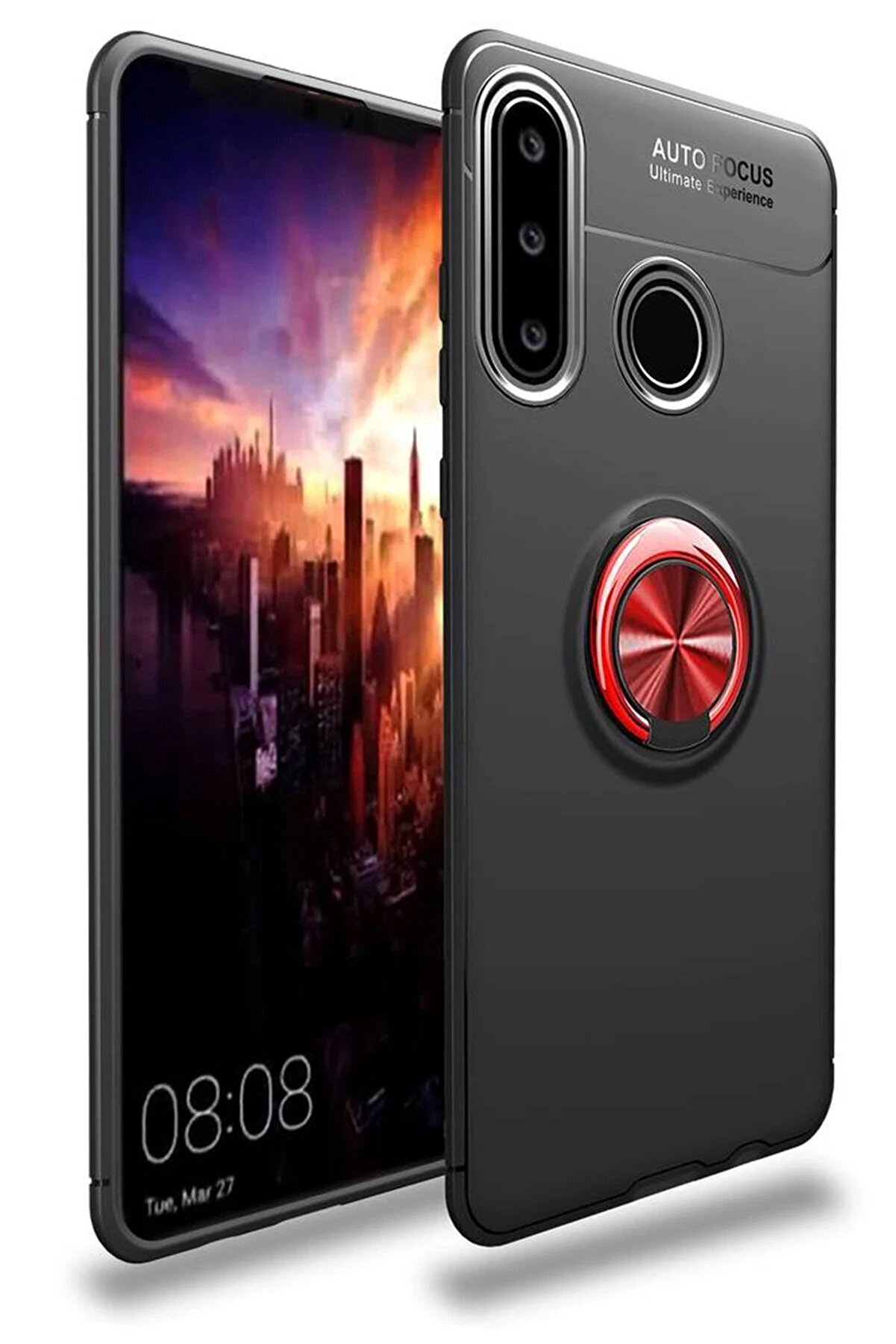 CepteToptan Huawei Y6P Kılıf Range Yüzüklü Silikon - Siyah-Kırmızı - DROPX2127-5306