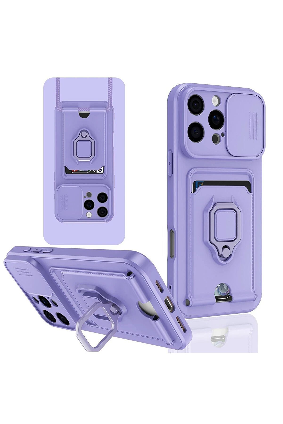 CepteToptan iPhone 16 Pro Kılıf Zuma Kartvizitli Yüzüklü Silikon - Lila - DROPX7101-1032