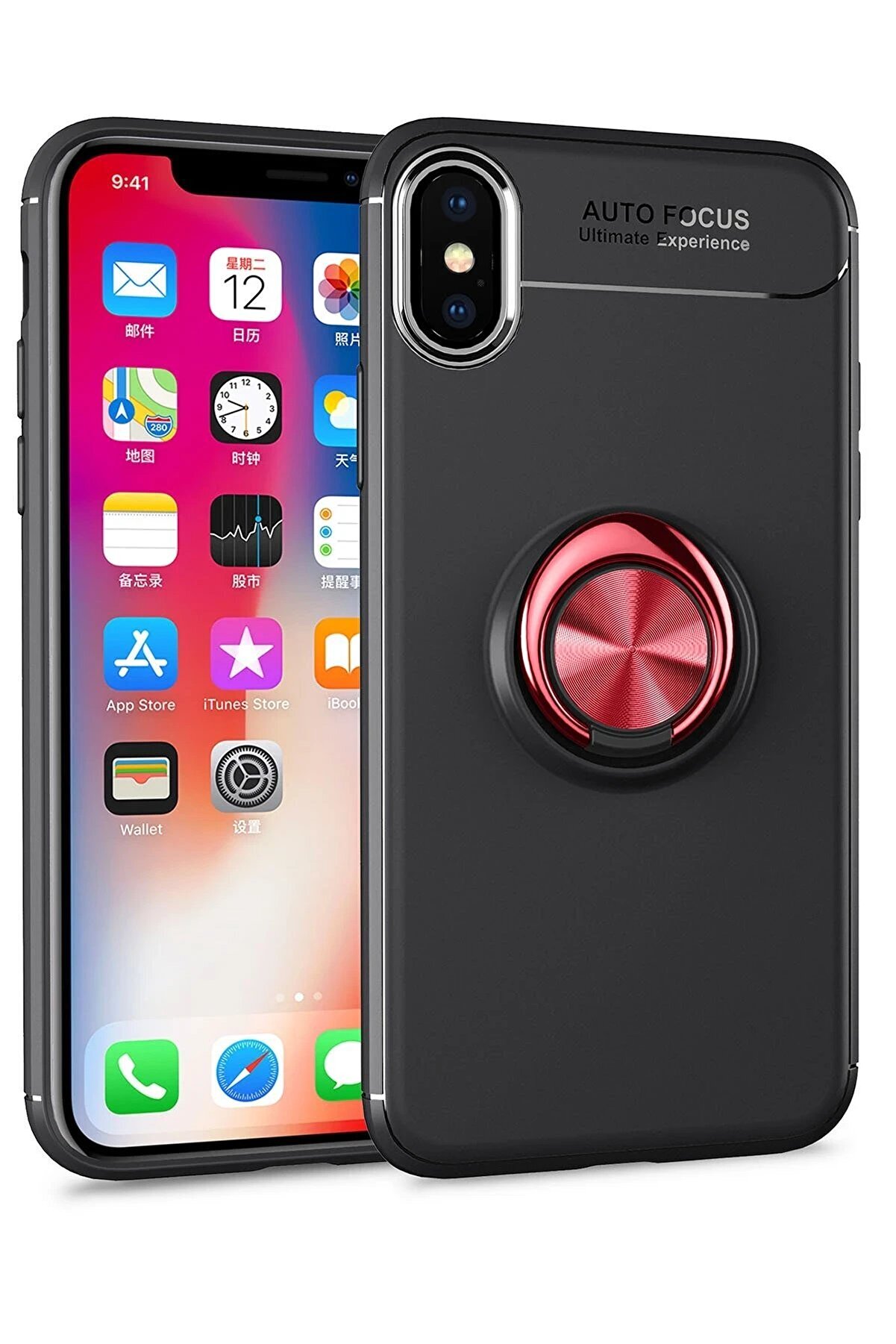 CepteToptan iPhone XS Kılıf Range Yüzüklü Silikon - Siyah-Kırmızı - DROPX1079-1835