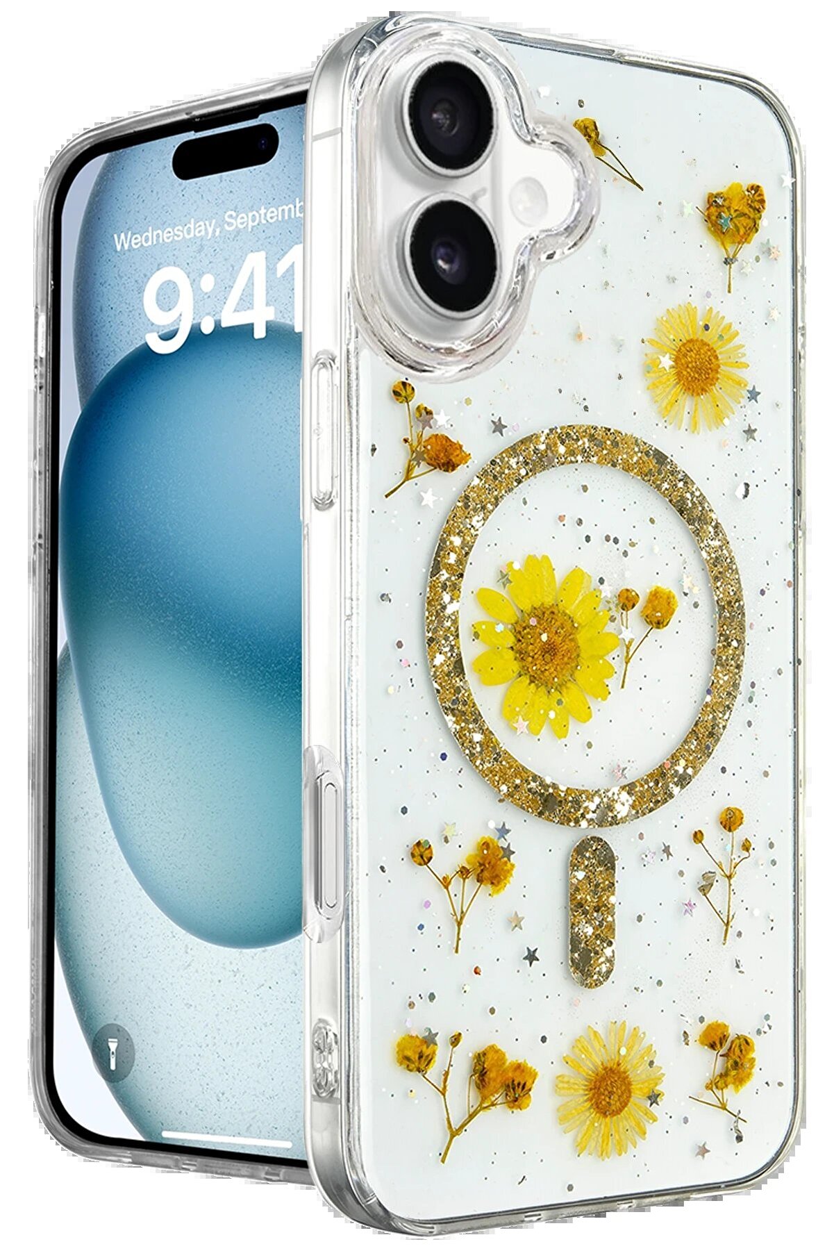 CepteToptan iPhone 16 Kılıf Daisy Simli Magsafe Kapak - Gold - DROPX8465-5665