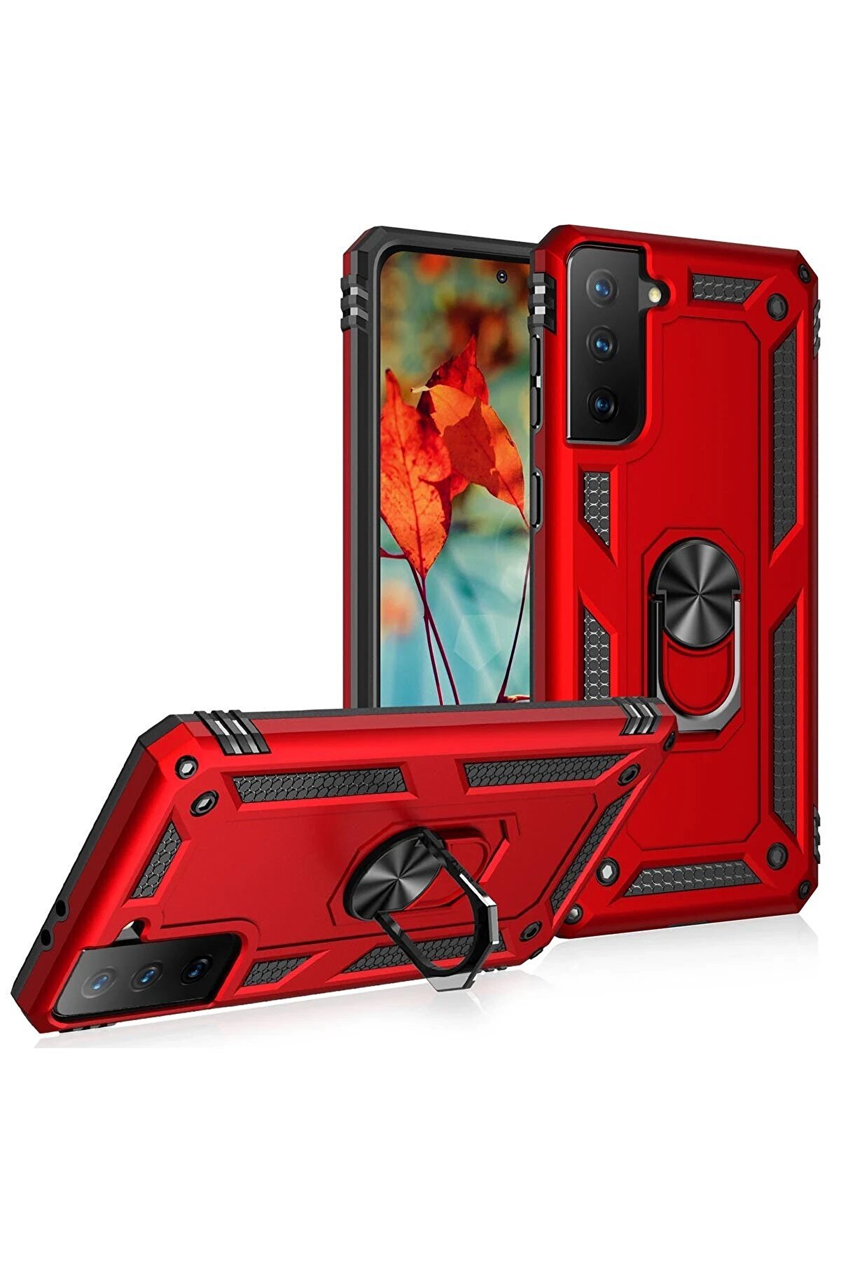 Samsung Galaxy S21 Kılıf Sofya Yüzüklü Si̇li̇kon Kapak - Kırmızı - Dropx2019-7441